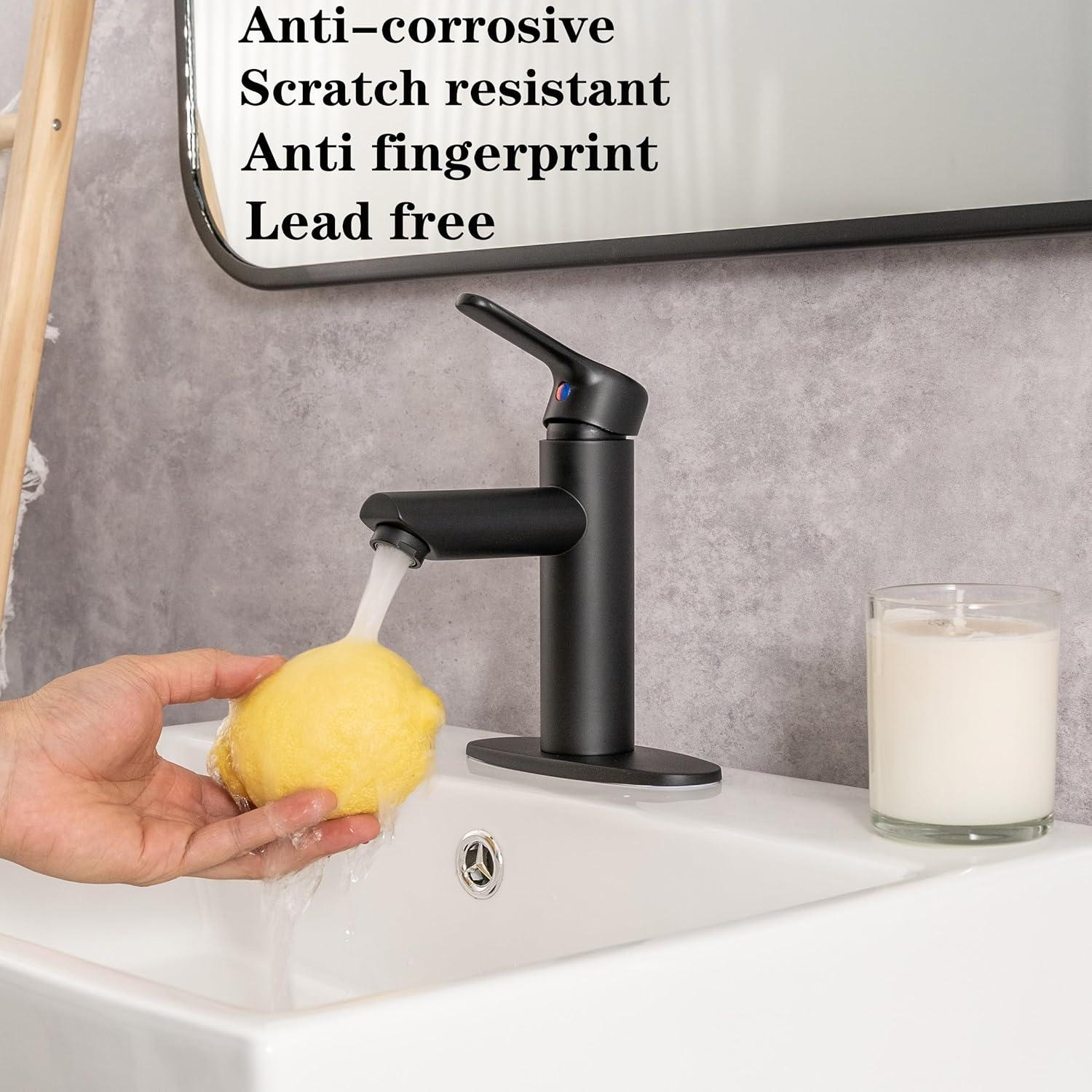 Bathroom Sink Faucet One Hole,Lavatory Tap for Basin,Matte Black Bathroom Sink Faucet with Metal Pop Up Drain Assembly， Bathroom Faucet 1 Hole with 3 Hole Deck Plate