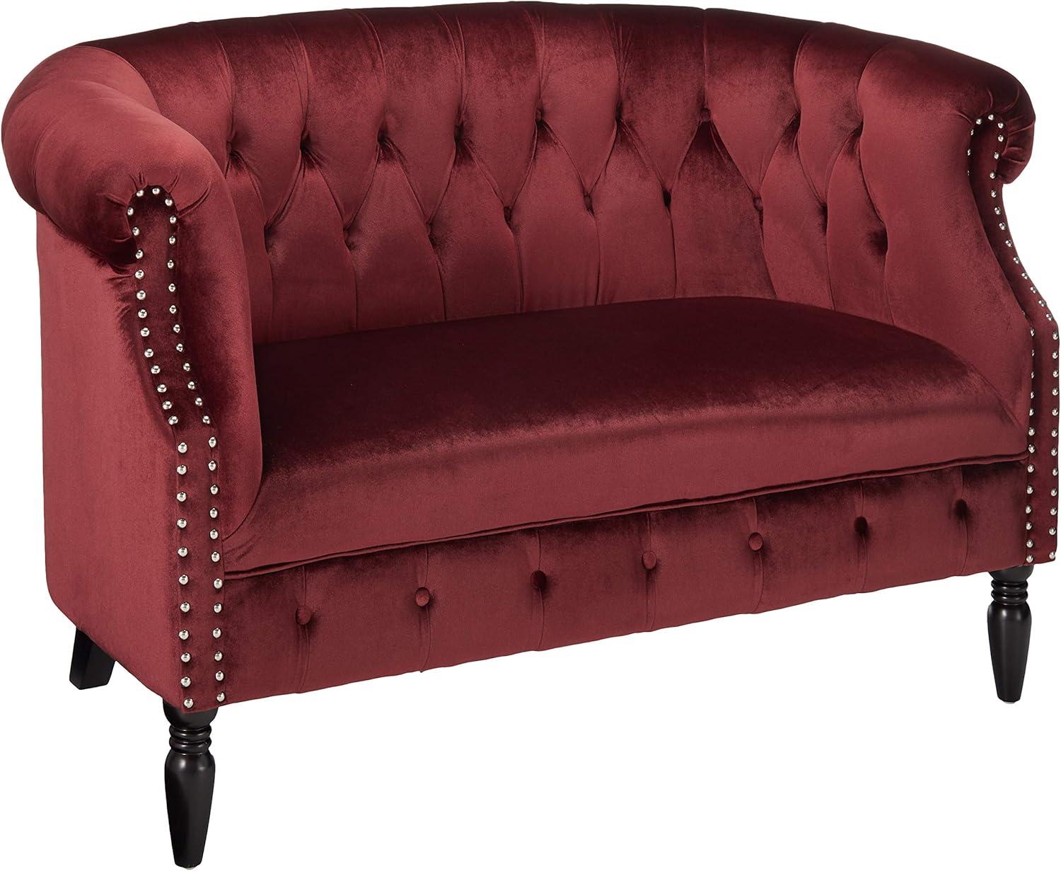 Garnet Velvet Chesterfield Loveseat with Nailhead Accents