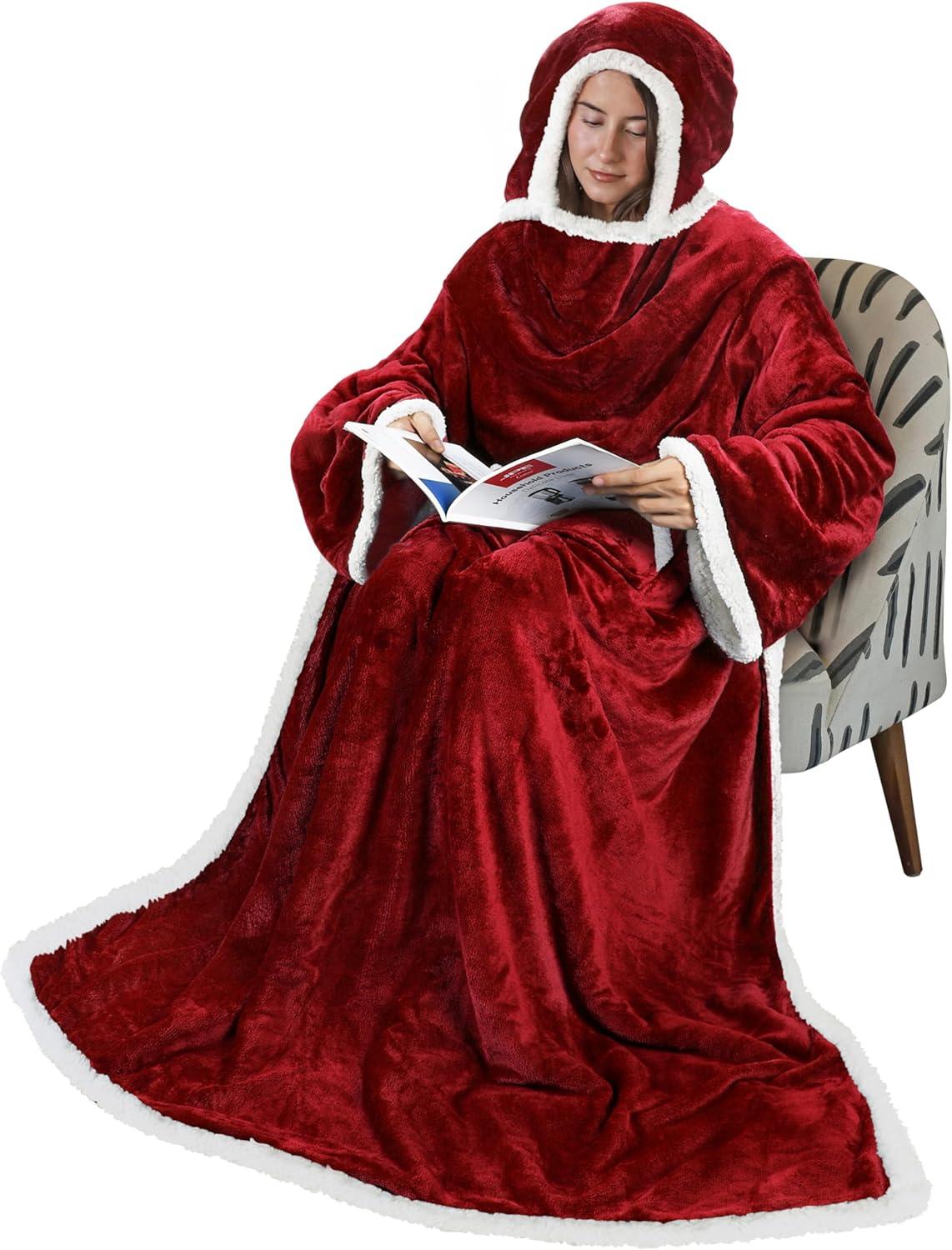 Tirrinia Hood Wearable Blanket for Adult Women and Men, Super Soft Comfy Warm Plush Throw with Sleeves TV Blanket Wrap Robe Hoodie Cover for Sofa, Couch 72" x 55"