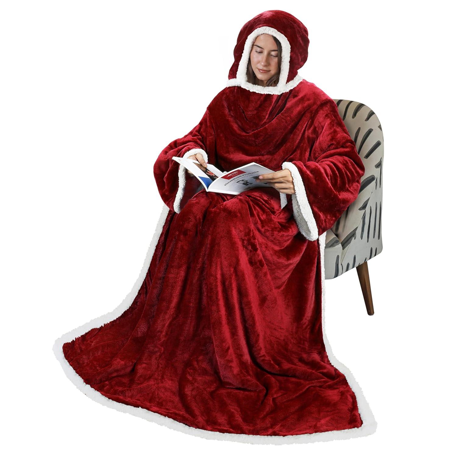 Tirrinia Hood Wearable Blanket for Adult Women and Men, Super Soft Comfy Warm Plush Throw with Sleeves TV Blanket Wrap Robe Hoodie Cover for Sofa, Couch 72" x 55"