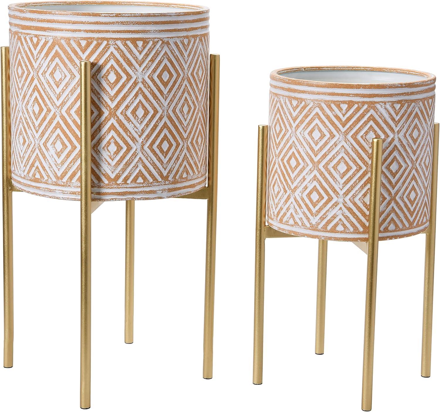 Main + Mesa Modern Boho Embossed Metal Planters with Stands, White and Terracotta, Set of 2 Sizes