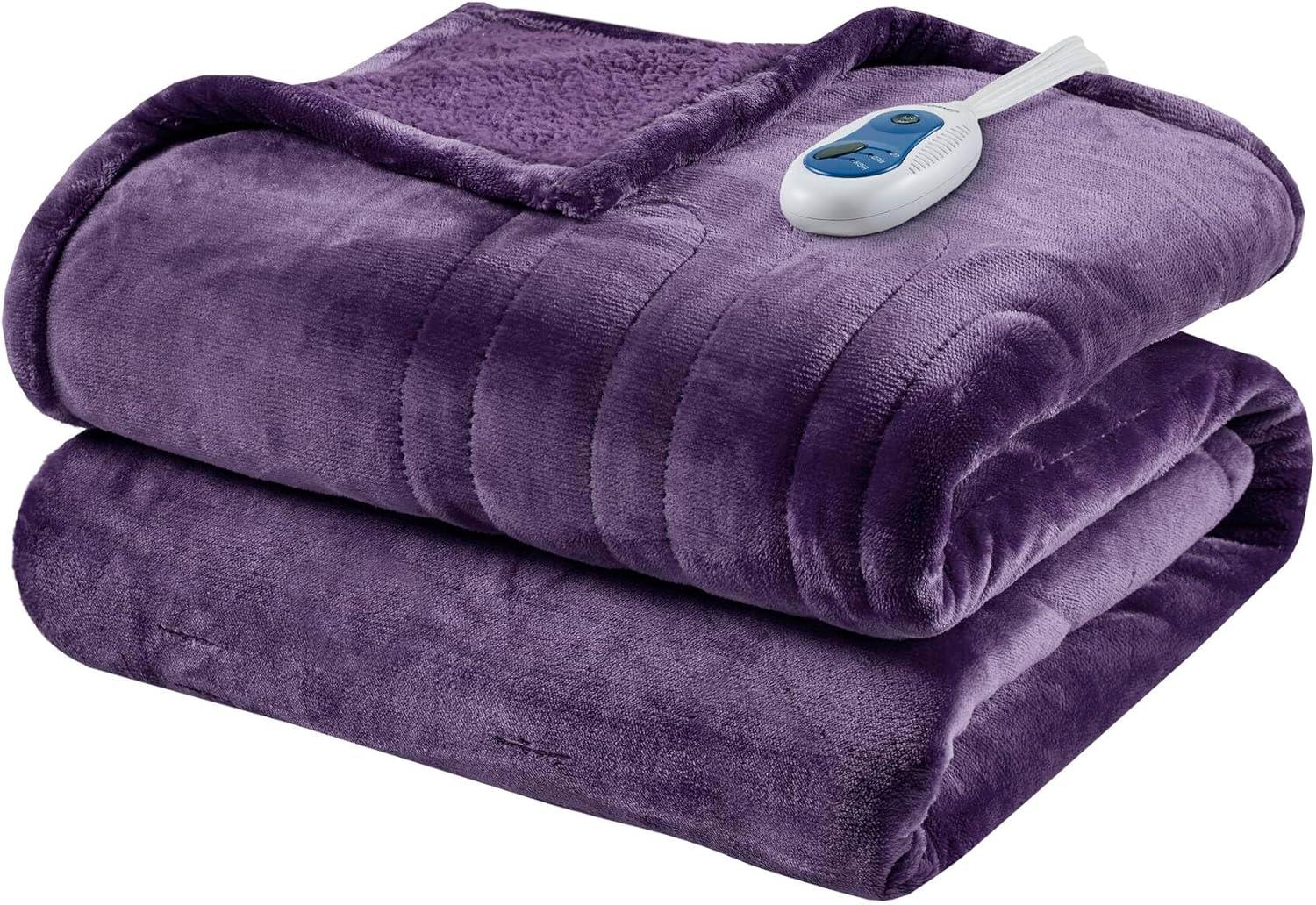60"x70" Electric Heated Microlight to Berber Throw Blanket Purple: Beautyrest, Lightweight, Machine Washable