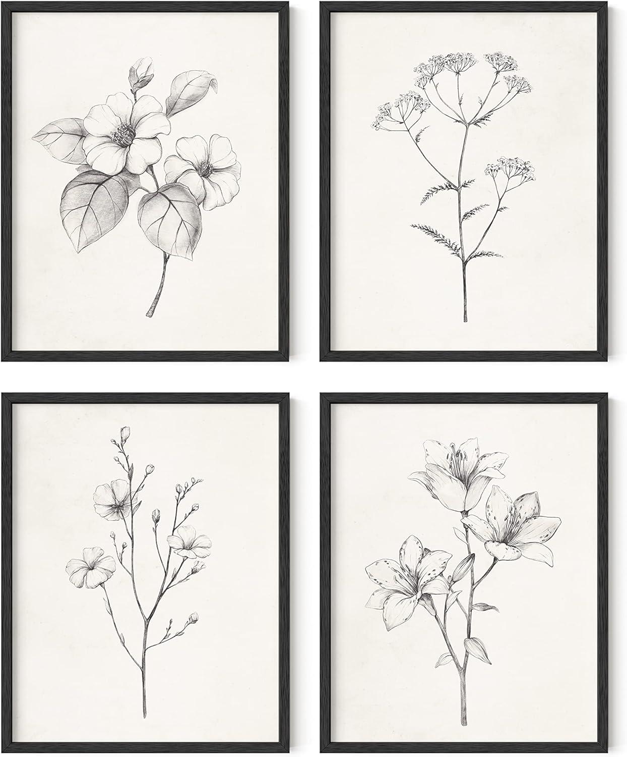 Black Framed Botanical Flower Prints Set of 4