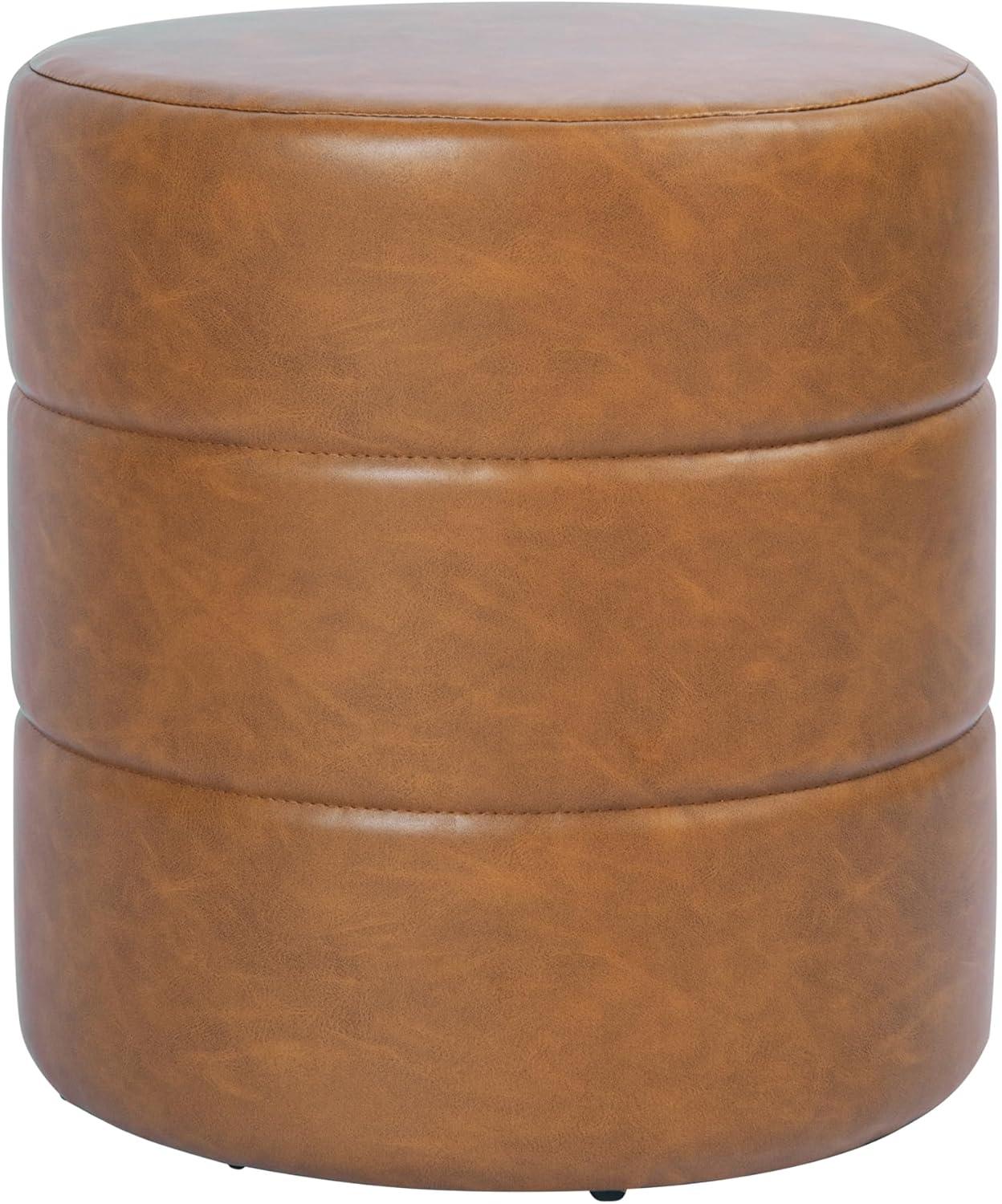 Round Upholstered Ottoman Caramel Faux Leather - HomePop: Channel Tufted, No Assembly Required