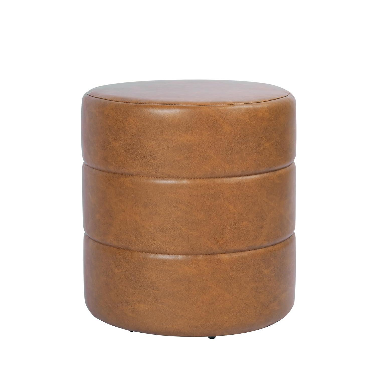 Round Upholstered Ottoman Caramel Faux Leather - HomePop: Channel Tufted, No Assembly Required