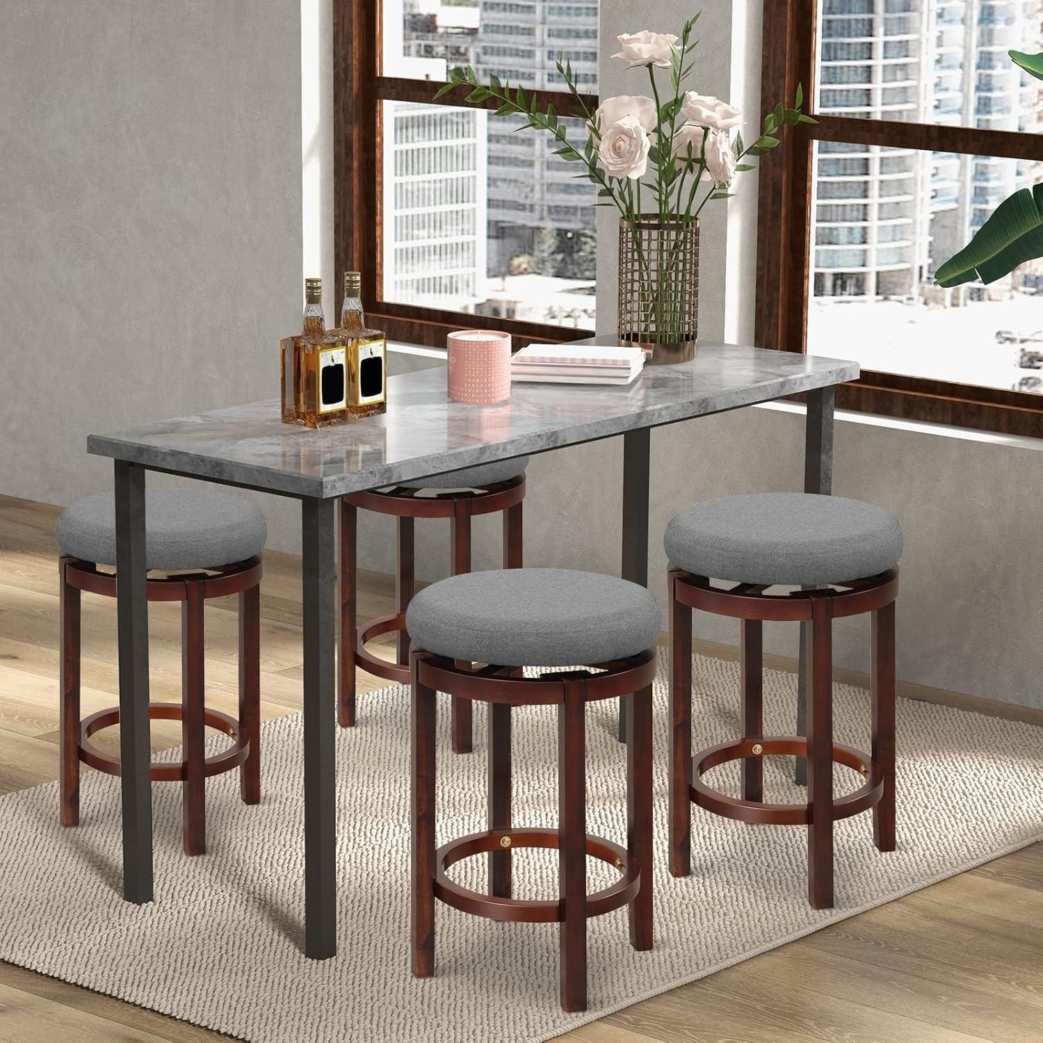 Costway Set of 2 Upholstered Swivel Round Bar Stools 26'' Wooden Pub Kitchen Chairs Gray