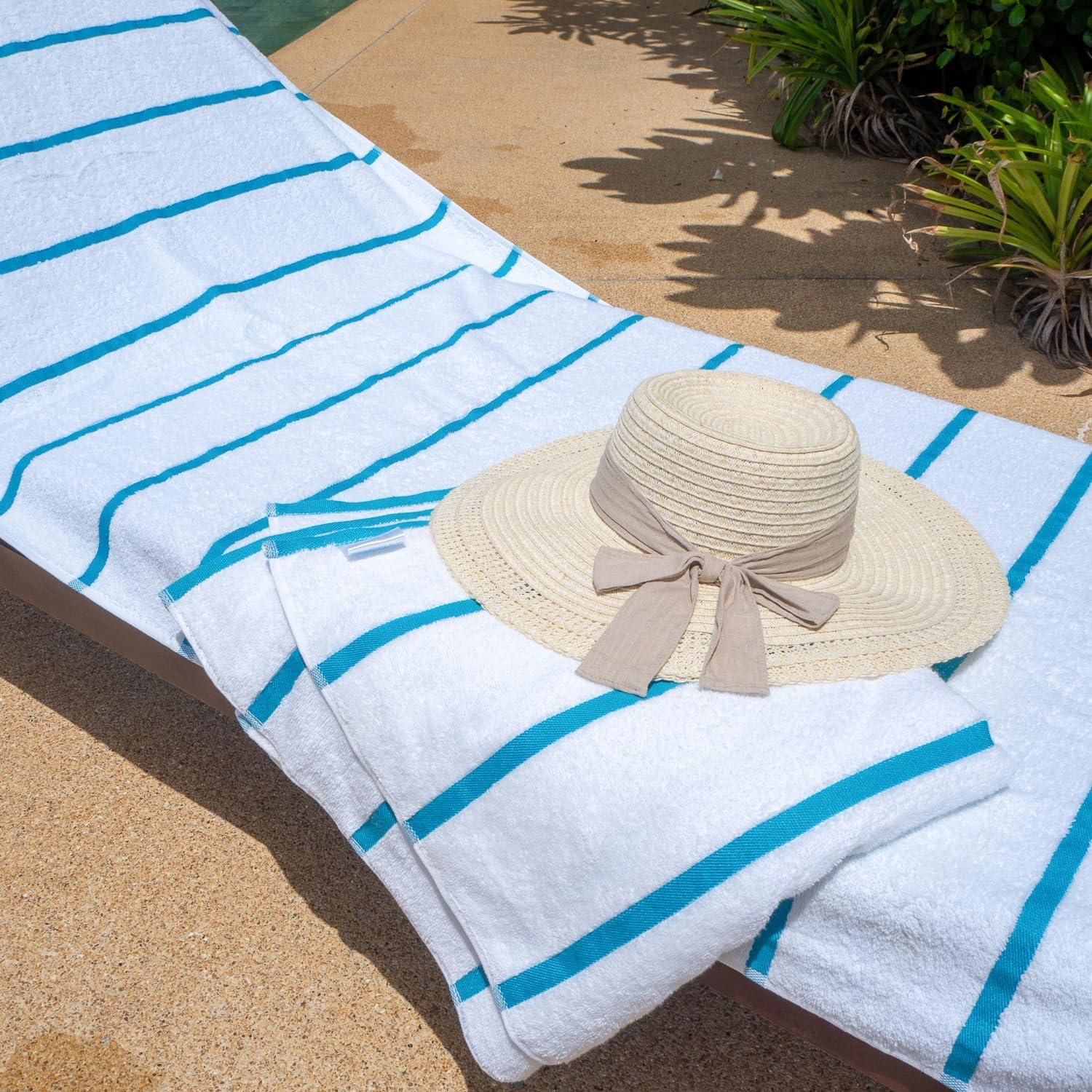 Arkwright Las Rayas Chaise Lounge Cover - (Pack of 2) 100% Cotton Terry Towel with Fitted Pocket, 30x85 - Blue