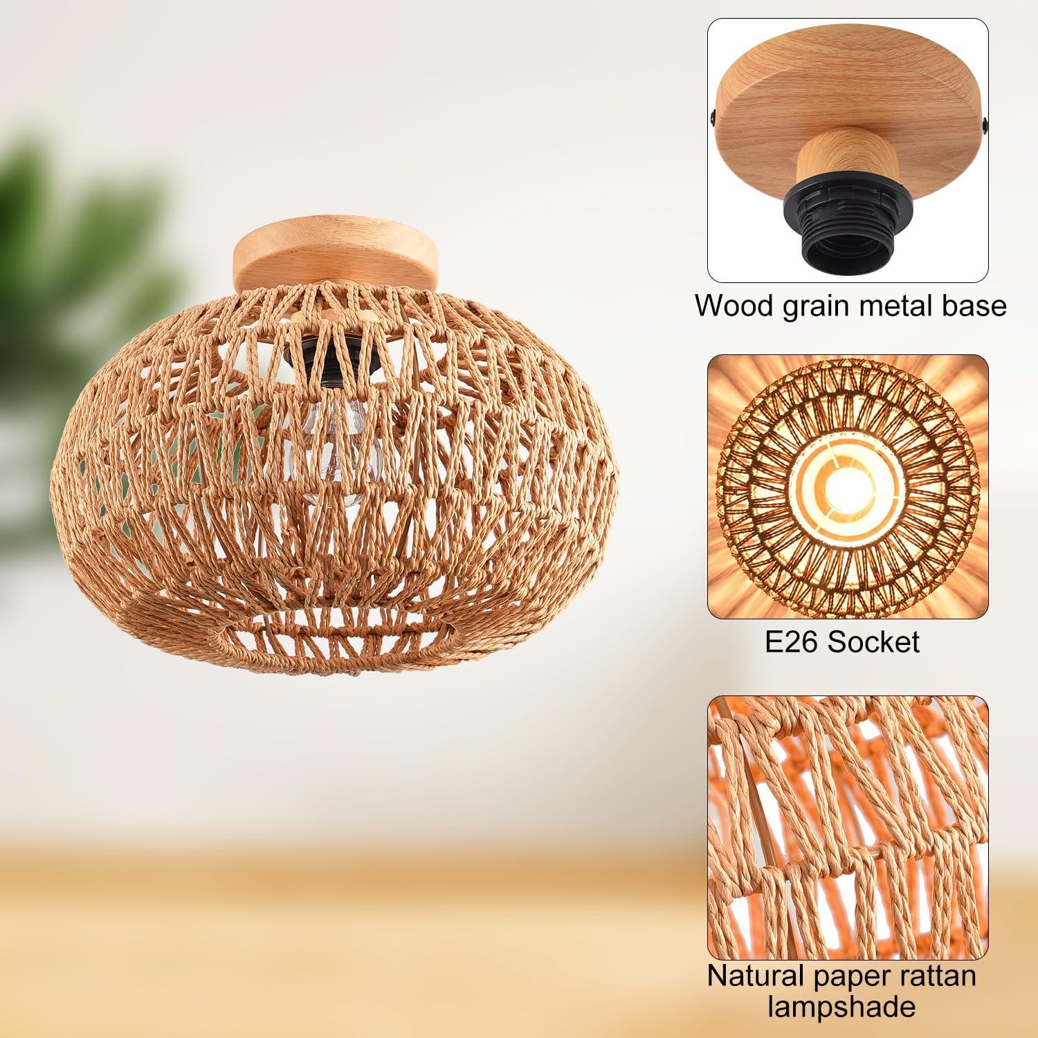 Bay Isle Home™ Bamboo Ceiling Light Fixtures, Hand-Woven Boho Flush Mount Ceiling Light, Handmade Ceiling Mount With Natural Bamboo Shade, Farmhouse Light Fixture