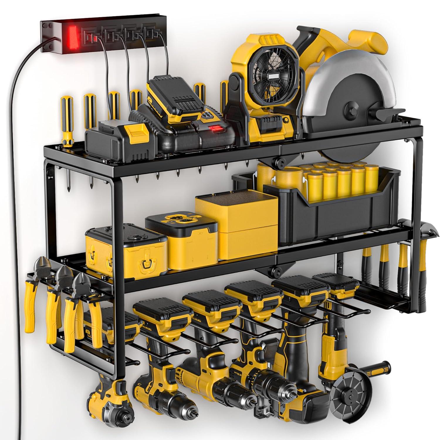 Spampur Power Tool Organizer Wall Mount with Charging Station, Garage Tool Shelf 6 Drill Holders, Tool Battery Holder with Plier holder Heavy Duty Rack, Tool Storage Rack with 4 Outlet Power Strip