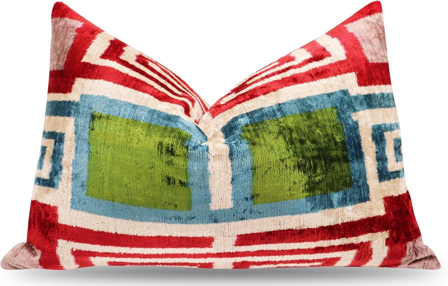 Handmade Luxury Velvet Throw Pillow with Down Feather Insert, 16"x24", Red, Green, Blue, and Cream Geometric Pattern, Decorative Cushion for Living Room, Bedroom, and Home Décor
