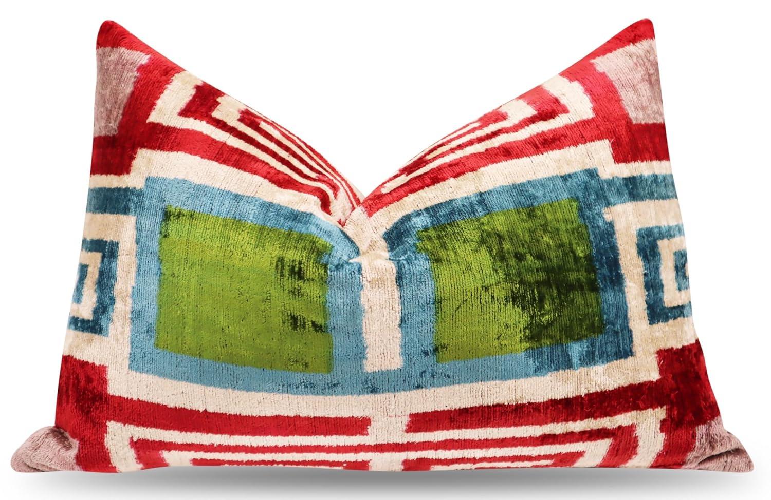 Handmade Luxury Velvet Throw Pillow with Down Feather Insert, 16"x24", Red, Green, Blue, and Cream Geometric Pattern, Decorative Cushion for Living Room, Bedroom, and Home Décor