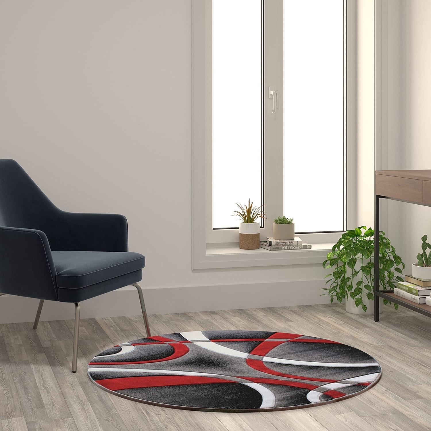 Flash Furniture Atlan Collection Abstract Area Rug - High Pile Red Olefin Rug - 4' x 4' Round Area Rug - Jute Backing - Hallway, Entryway, Bedroom