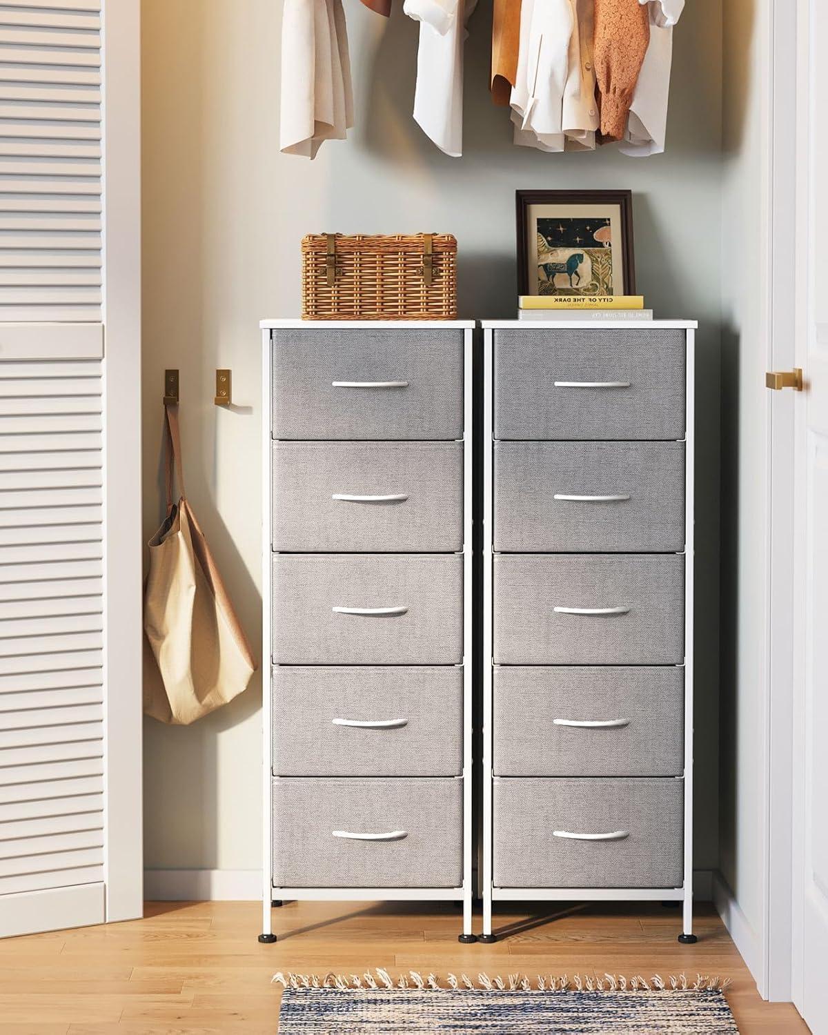 Gray Fabric 5-Drawer Tall Dresser with Steel Frame