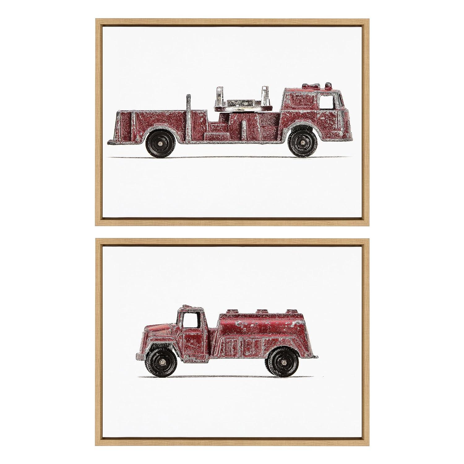 Kate and Laurel Sylvie Red Vintage Toy Fire Engine and Red Vintage Toy Water Truck Framed Canvas Wall Art Set by Saint and Sailor Studios, 2 Piece 18x24 Natural, Retro Kid Vehicle Art for Wall