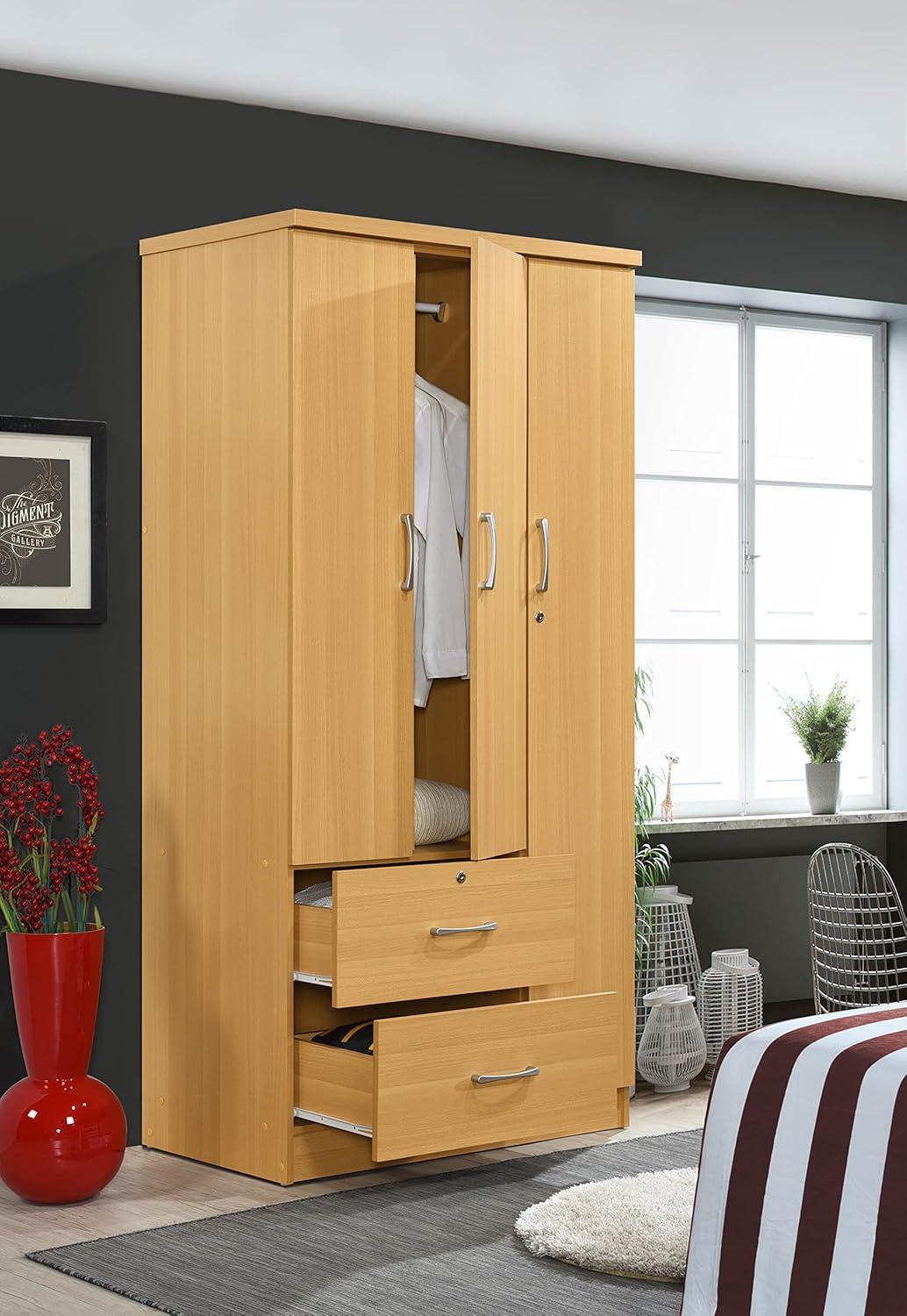Hodedah 3 Door Armoire with 2 Drawers 3 Shelves in Beige Wood