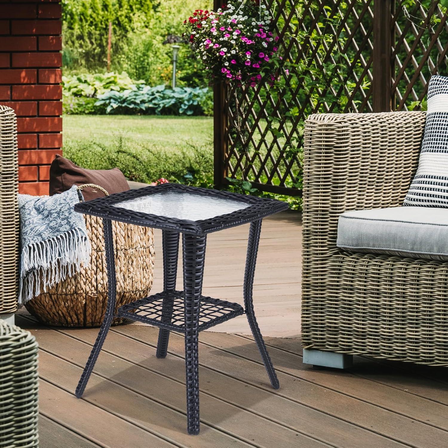 Black Wicker Outdoor End Table with Glass Top and Storage