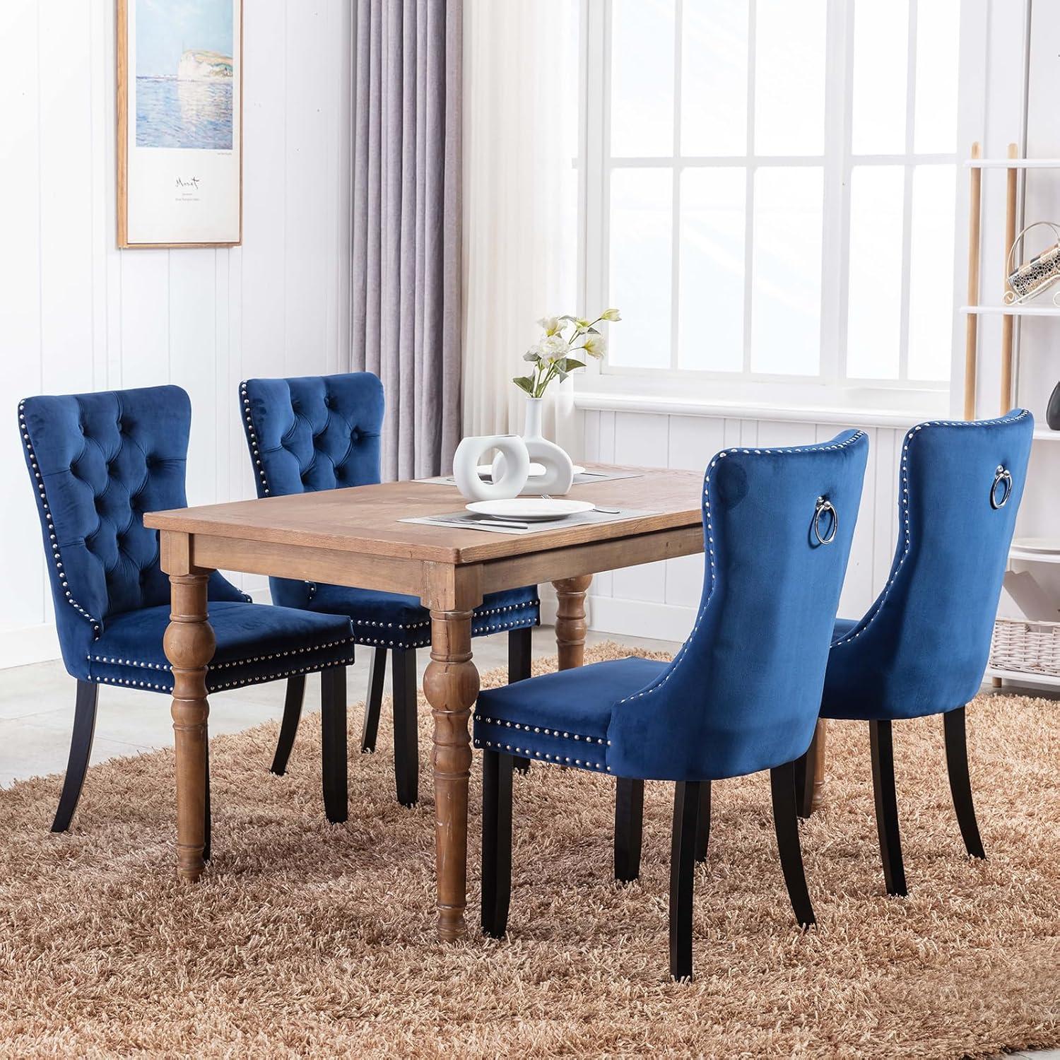 ODUSE-DAILY Velvet Dining Chairs Set of 4, Navy Kitchen & Dining Room Chairs, Tufted Dining Chairs, Fabric Upholstered, Solid Wood, Sillas De Comedor (Blue, 4 Pcs)