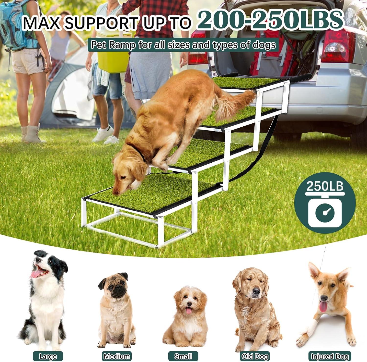 Dog Ramp for Car, Extra Wide Dog Car Stair for Large Dogs, Pet Steps Lightweight Aluminum Foldable Dog Steps for Cars and SUV,High Beds, Trucks, Supports up to 200 lbs (Extra Wide-4 Steps with Grass)