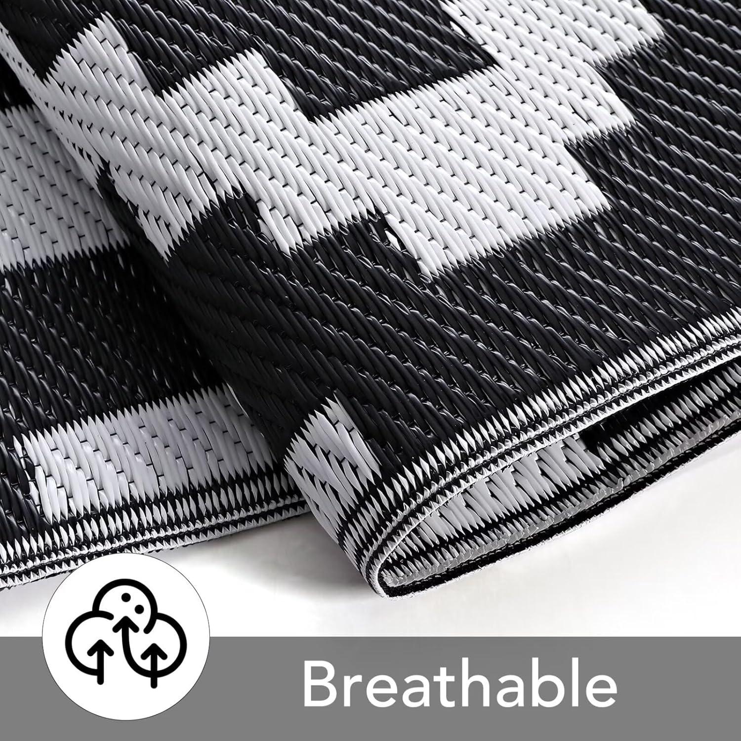 Garvee Waterproof Outdoor Rug 9'x12' Reversible Plastic Patio Rugs, Portable Modern Abstract Indoor Outdoor Carpet for Camping, Balcony, Deck, Backyard, Black & White, with Storage Bag