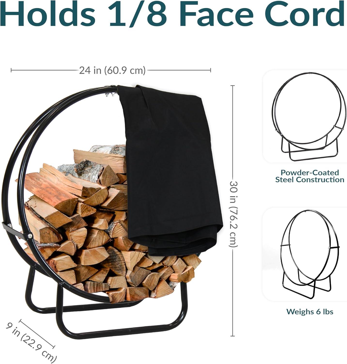 Sunnydaze Outdoor Heavy-Duty Steel Firewood Log Hoop Storage Rack with Weather-Resistant PVC Log Hoop Cover - 24" - Black