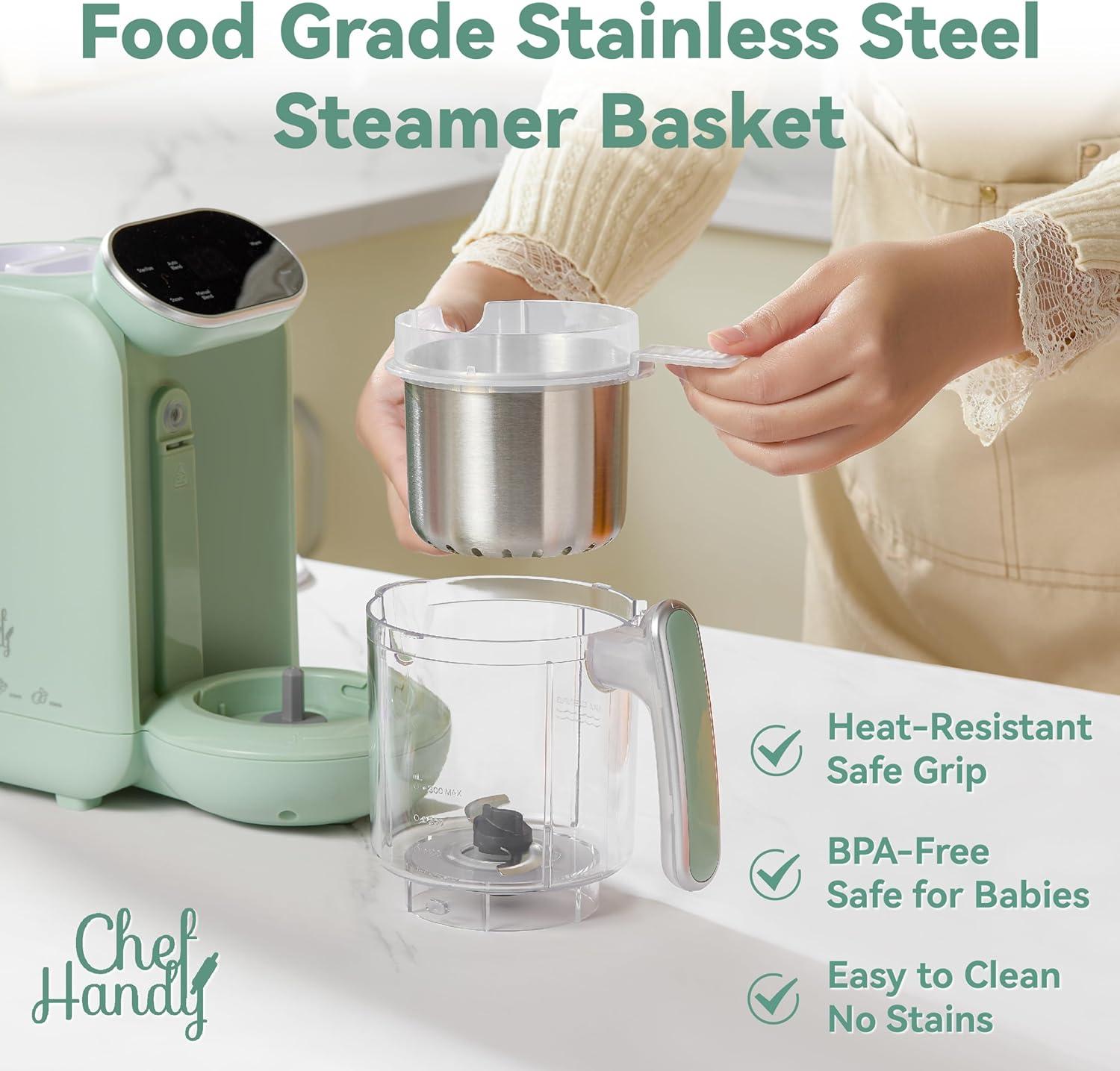 Chefhandy Baby Food Maker, 5 in 1 Baby Food Processor with Steaming Basket, Auto Cooking & Grinding, Touch Screen Control, Baby Steamer and Blender, Baby Food Puree Maker Warmer Mills Machine (Green)