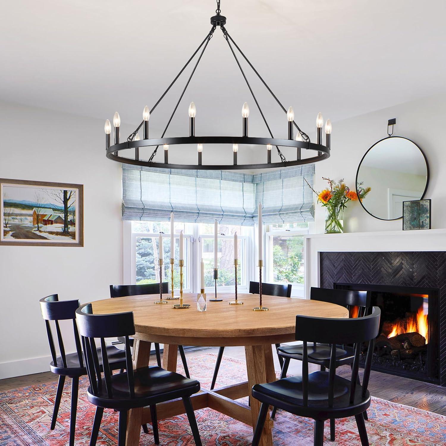 16-Lights Wagon Wheel Chandelier 47 Inch Black Farmhouse Chandelier Large Chandeliers for High Ceilings Round Modern Farmhouse Chandeliers Ceiling Light for Living Room Dining Room Foyer Entryway