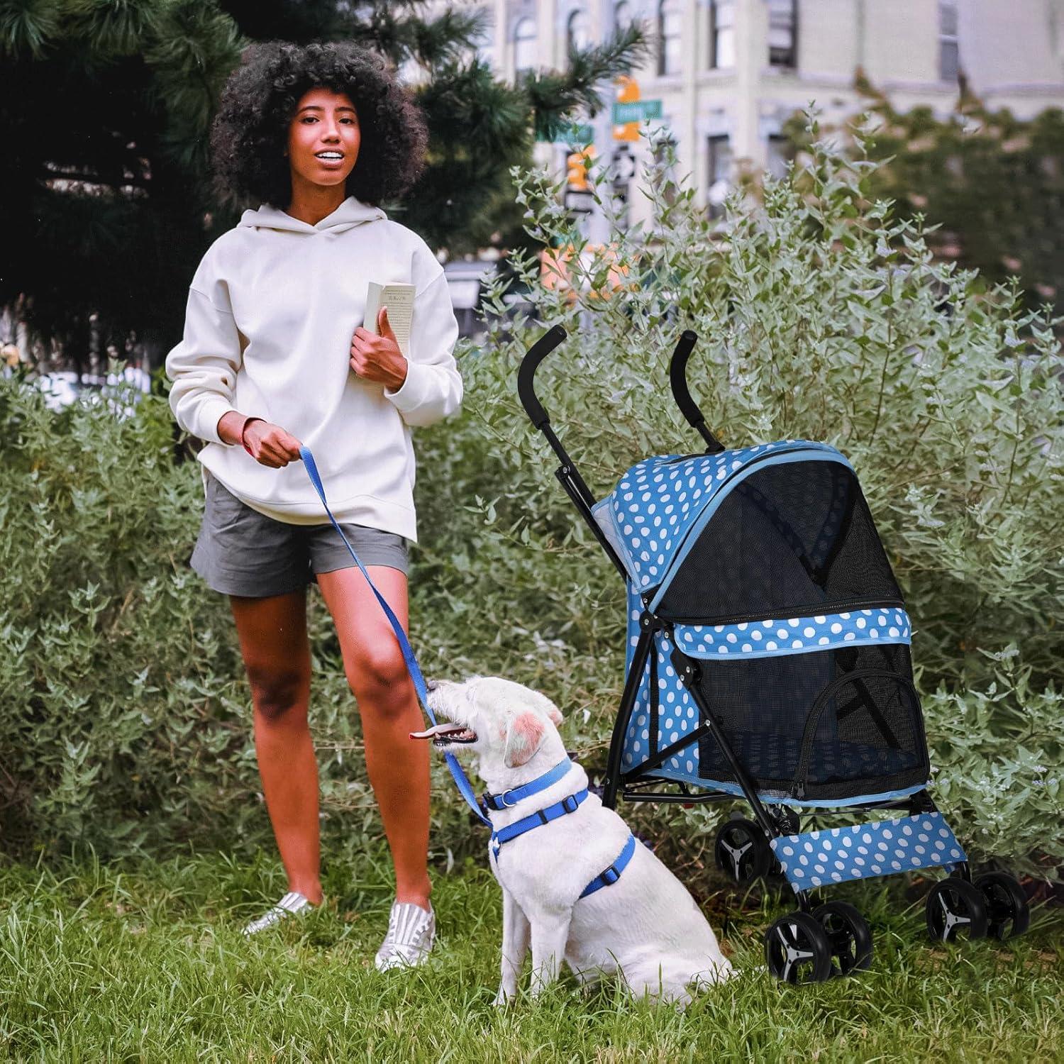 MoNiBloom 4 Wheel Foldable Lightweight Pet Trolley for Cats & Dogs, Sky Blue with White Polka Dots