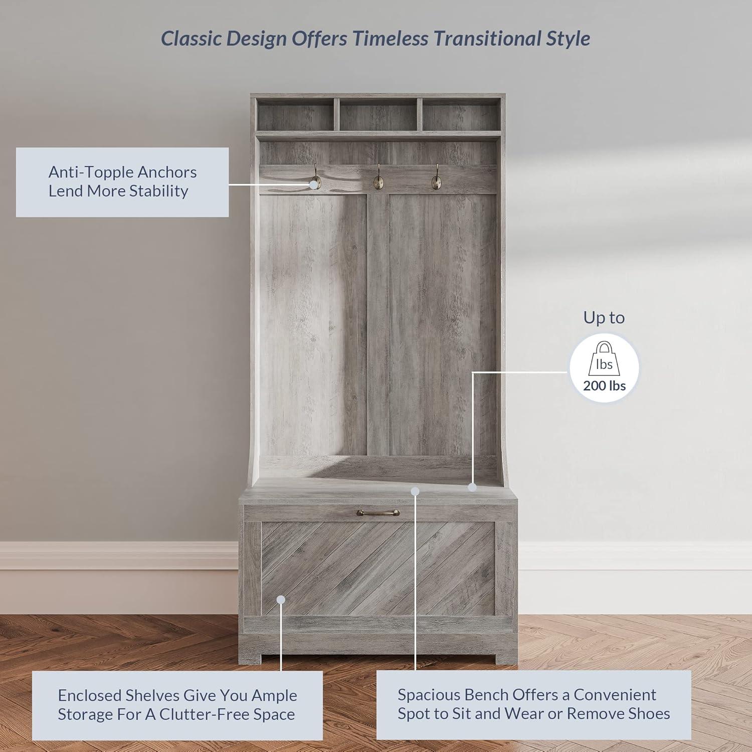 BELLEZE Hilo Hall Tree, 3-in-1 Coat Rack, Storage Bench, Shoe Rack, Gray Wash