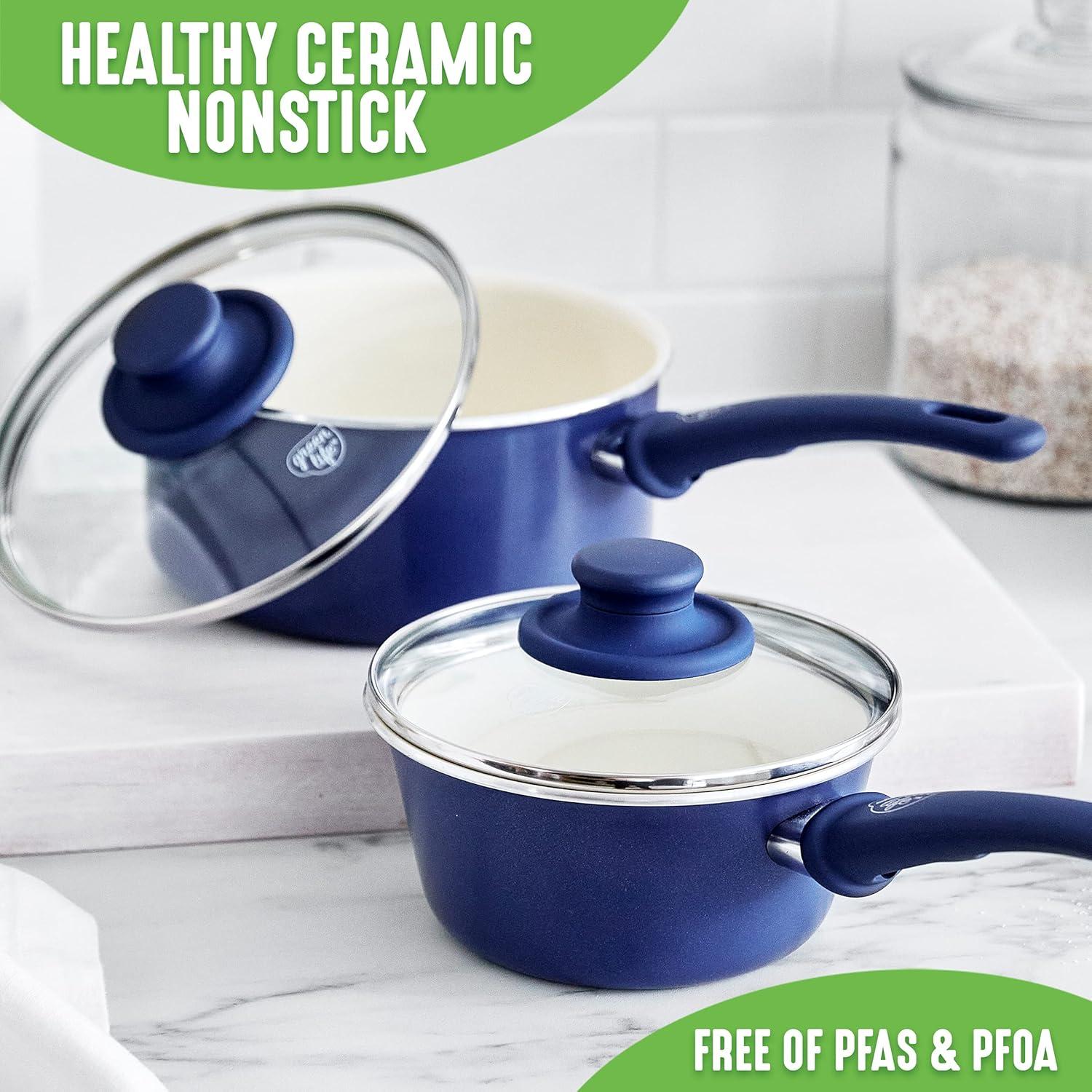 Blue Ceramic Nonstick Aluminum Saucepan Set with Glass Lids