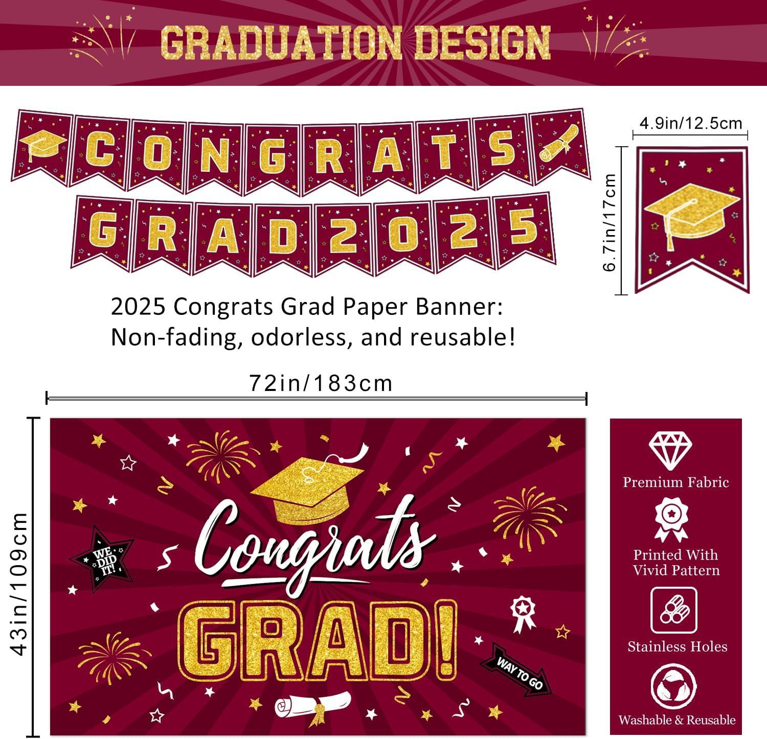 2025 Graduation Party Decoration, Red Gold Themed Set with Congrats Grad Banner, Balloons, Foil Number 2025 for Class of 2025 Graduation Party Supplies