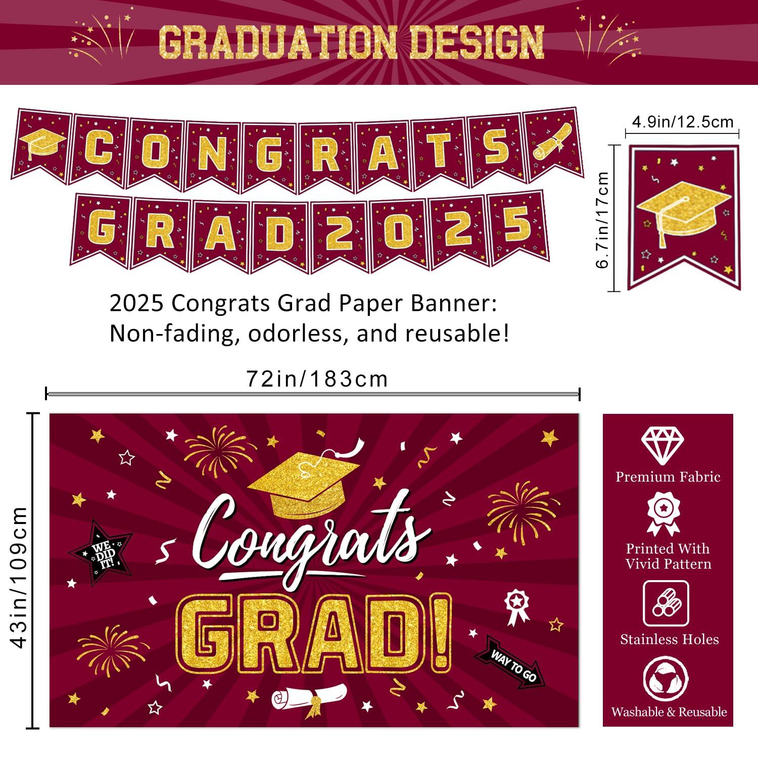 Graduation Party Decorations Class of 2025 Graduation Party Supplies Congrats Grad Banner Class of 2025 Backdrop, Paper Pompoms, Balloons for Congrats Grad Party Decorations (Burgundy-Gold)