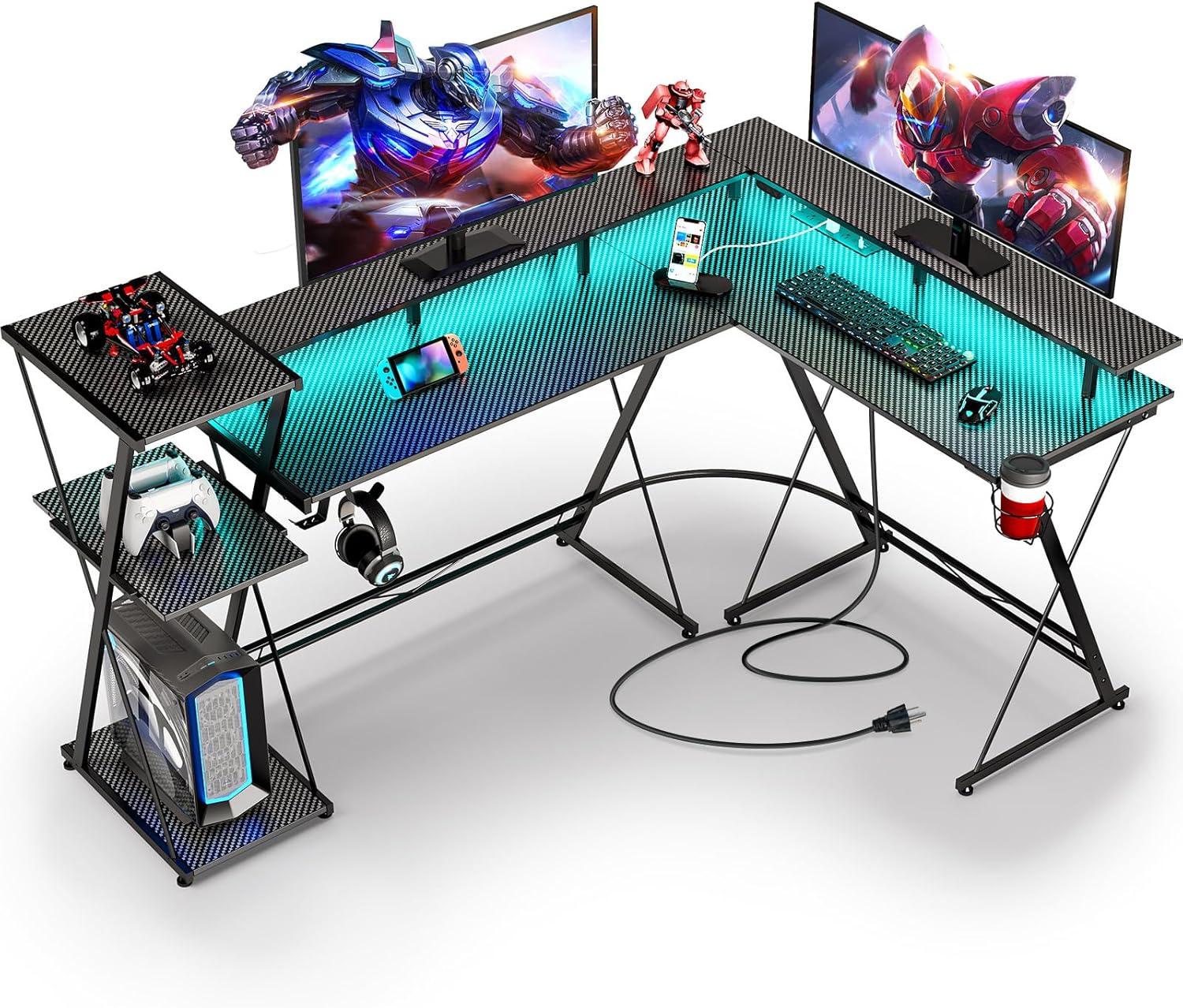 SEVEN WARRIOR L Shaped Gaming Desk with LED Lights & Power Outlets, 58” Reversible Computer Desk with Storage Shelf & Monitor Stand, Corner Desk with Cup Holder, with Headphone Hook, Black