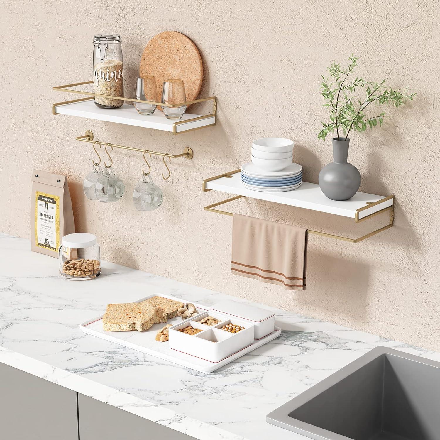 White and Gold Pine Floating Bathroom Shelves with Towel Bar, Set of 2