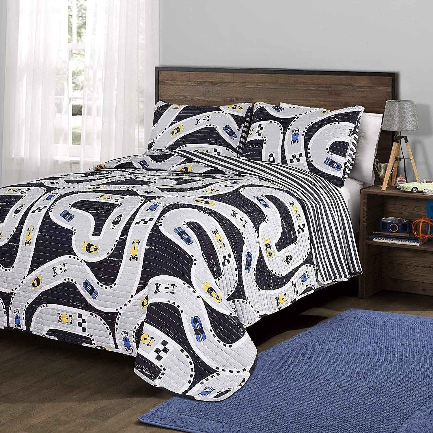 Navy Cotton Twin Reversible Kids Quilt Set