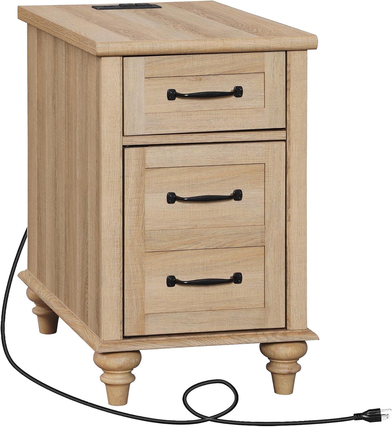 WAMPAT Farmhouse End Table with Charging Station, Light Wood Sofa Side Table with Storage Cabinet, Narrow Night Stand Bedside Table with Drawer for Living Room, Bedroom, Oak