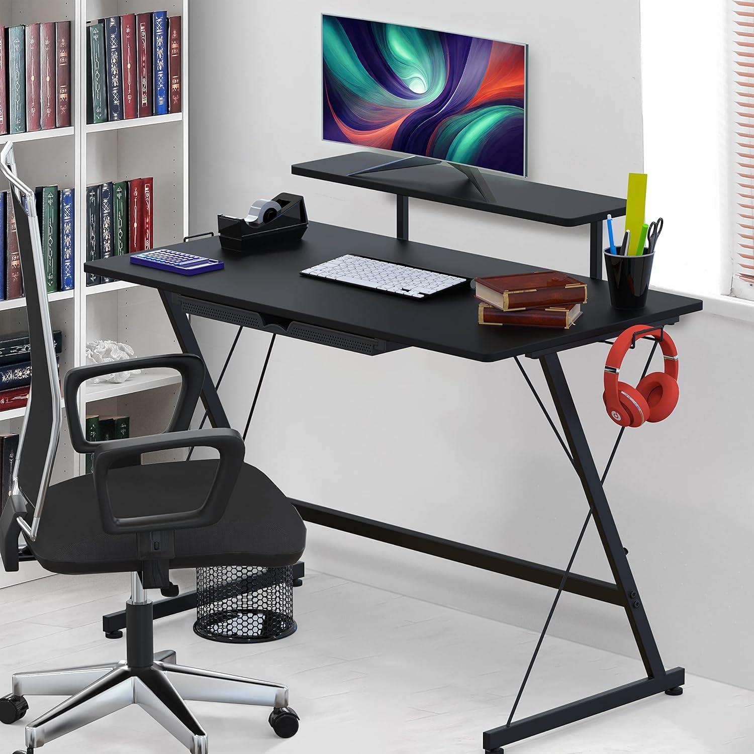 SHW 40-Inch Gaming Desk with Monitor Riser, Drawer and Hooks, Black