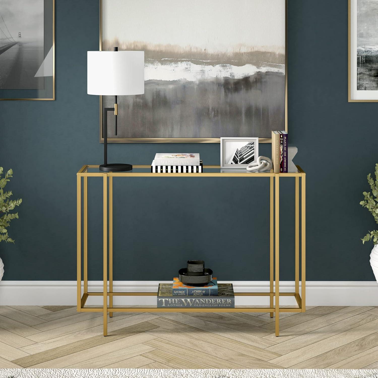 Brushed Brass and Glass Console Table with Storage Shelf