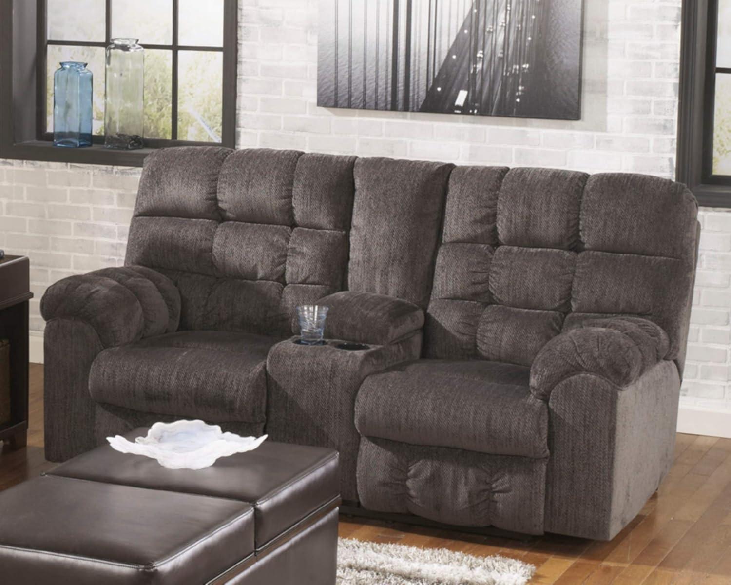 Contemporary Gray Fabric Reclining Loveseat with Storage and Cup Holders