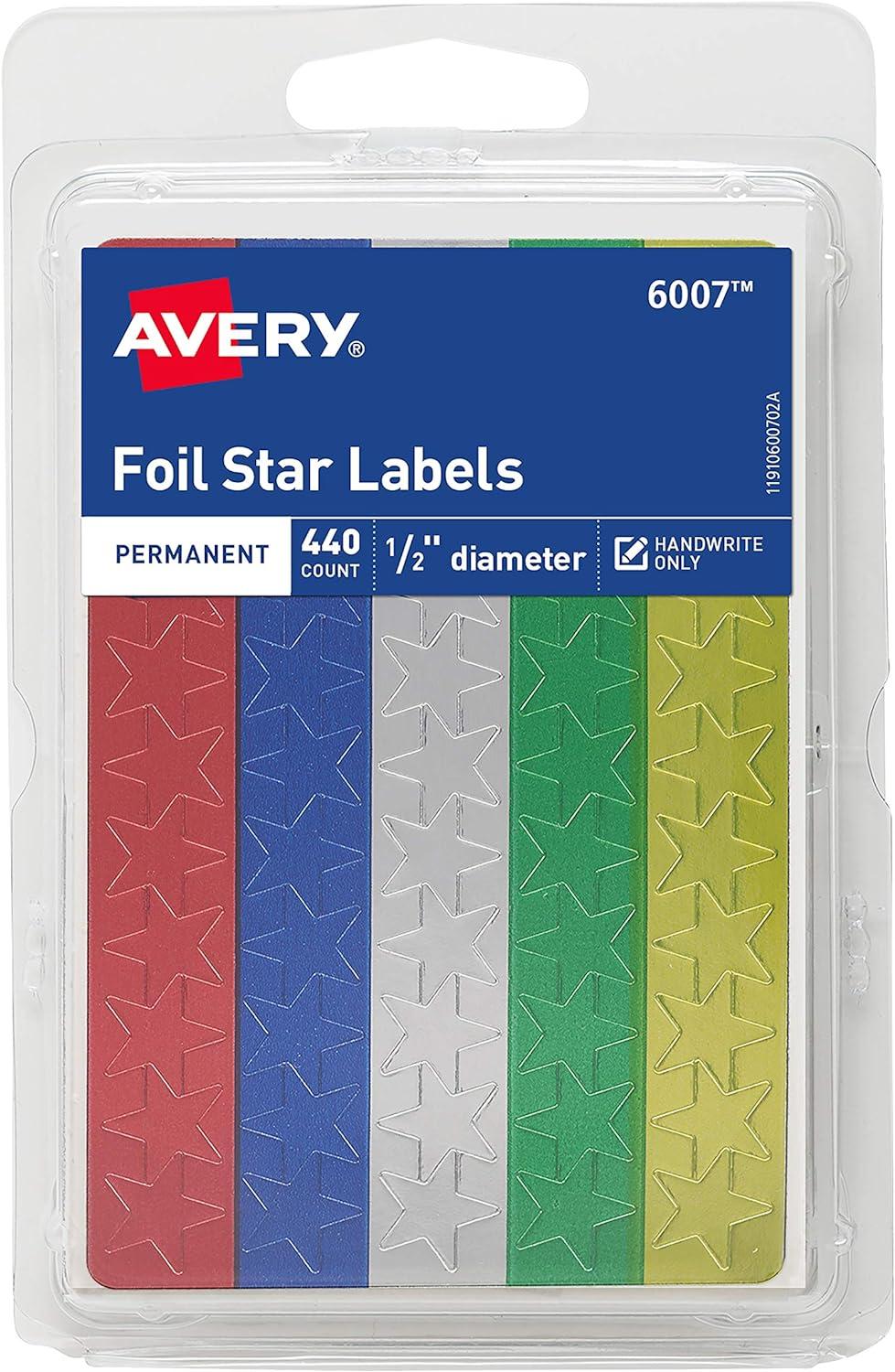Avery Colored Foil Stars 1/2" dia Assorted Colors 440/Pack 06007