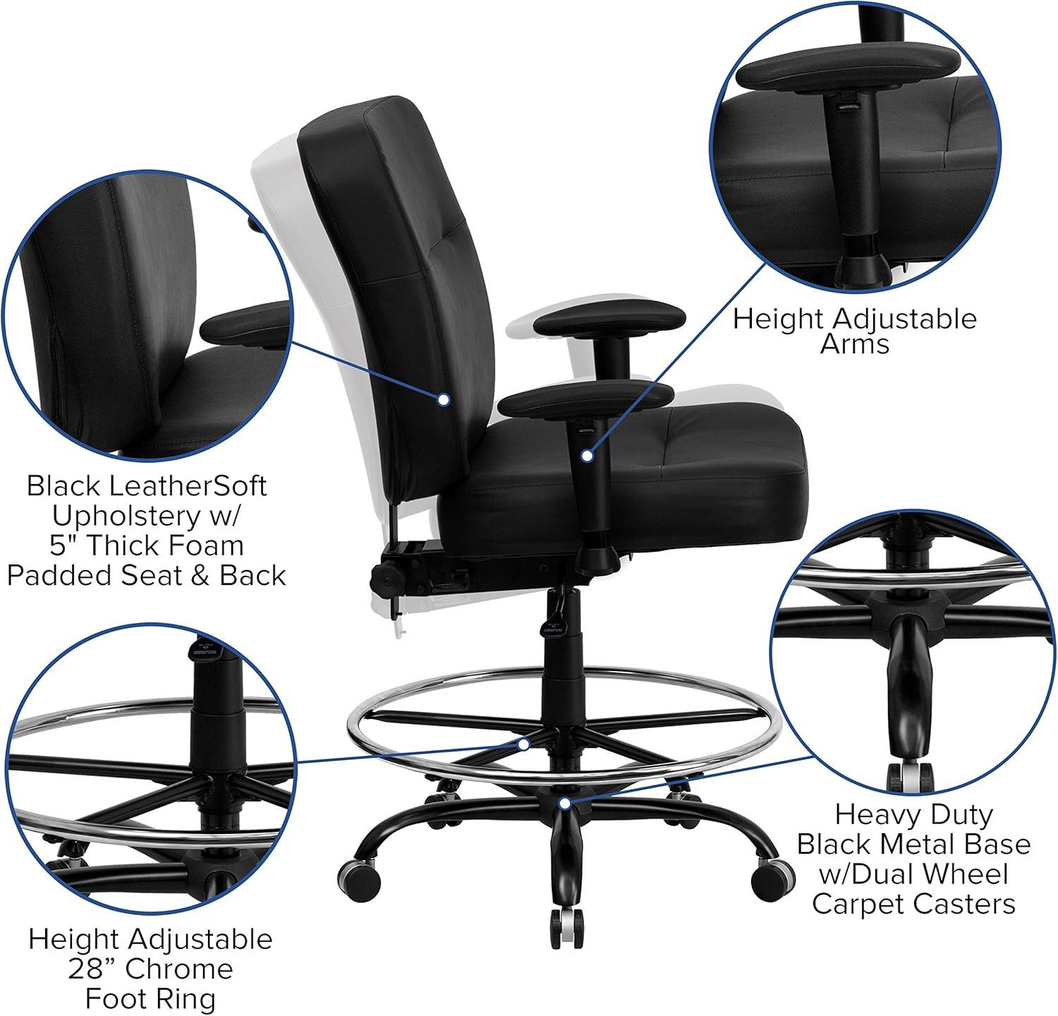 ErgoFlex 360° Black LeatherSoft High-Back Drafting Chair with Metal Base