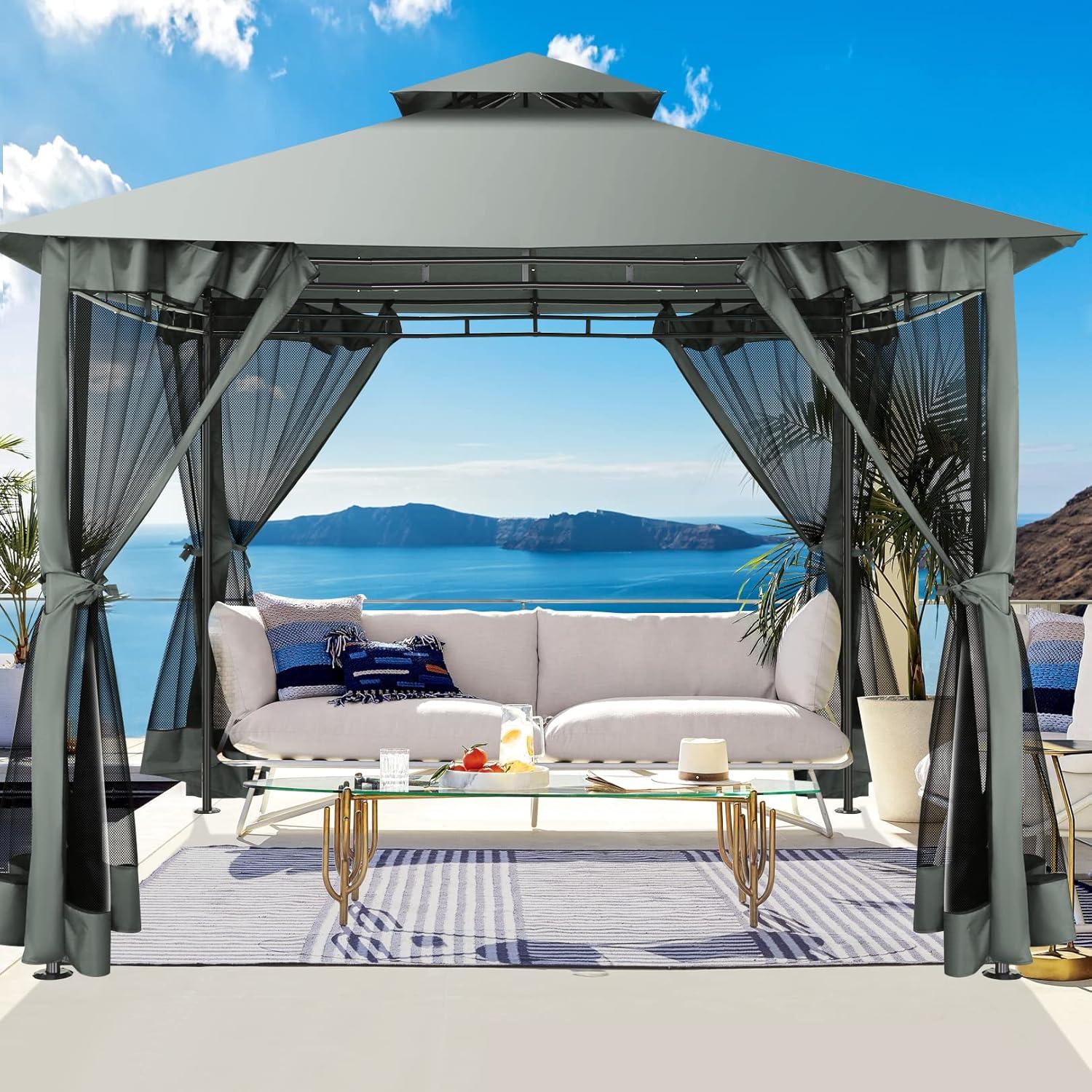 HOTEEL 10x20 Gazebo on Clearance, Outdoor Gazebo Tent with Mosquito Netting and Ventilated Double Flat Roof, Easy Set up Canopy Tent with Stable Metal Frame for Patio, Khaki (Upgraded 2.0)