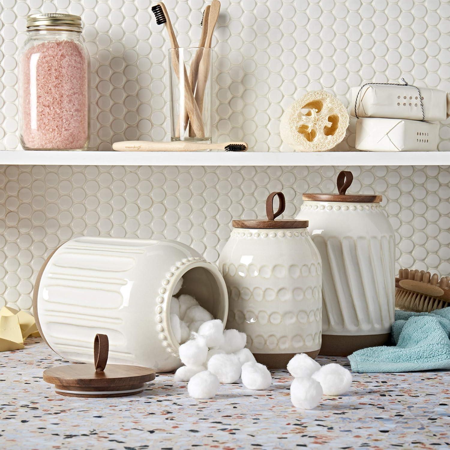 Embossed White Ceramic Canister Set with Acacia Wood Lids, 3 Piece