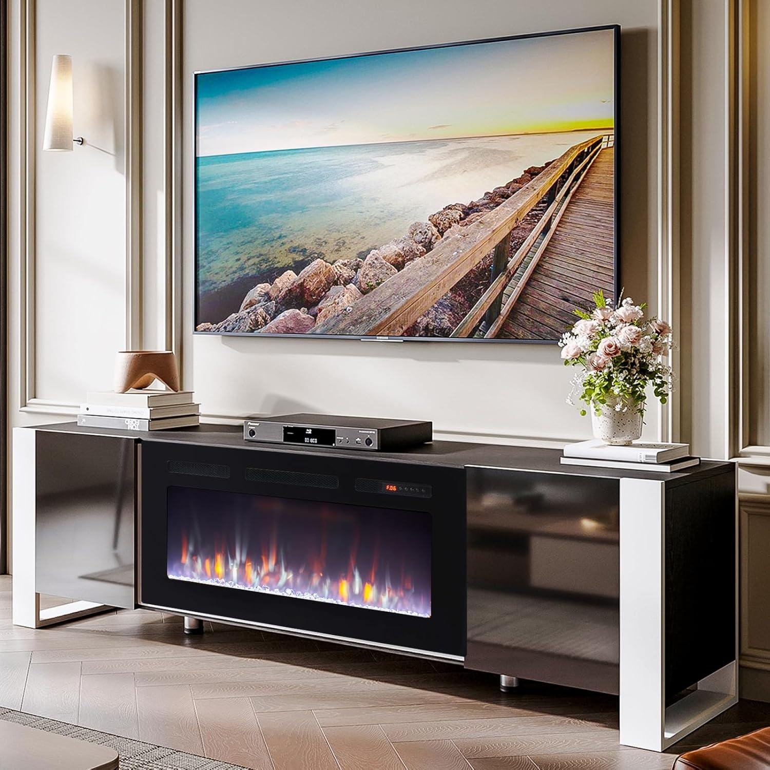 oneinmil Fireplace TV Stand with 36" Electric Fireplace, LED Light Entertainment Center, Modern Wood Texture Entertainment Stand with Highlight Storage Cabinet for TVs Up to 80", 70 inches, Black