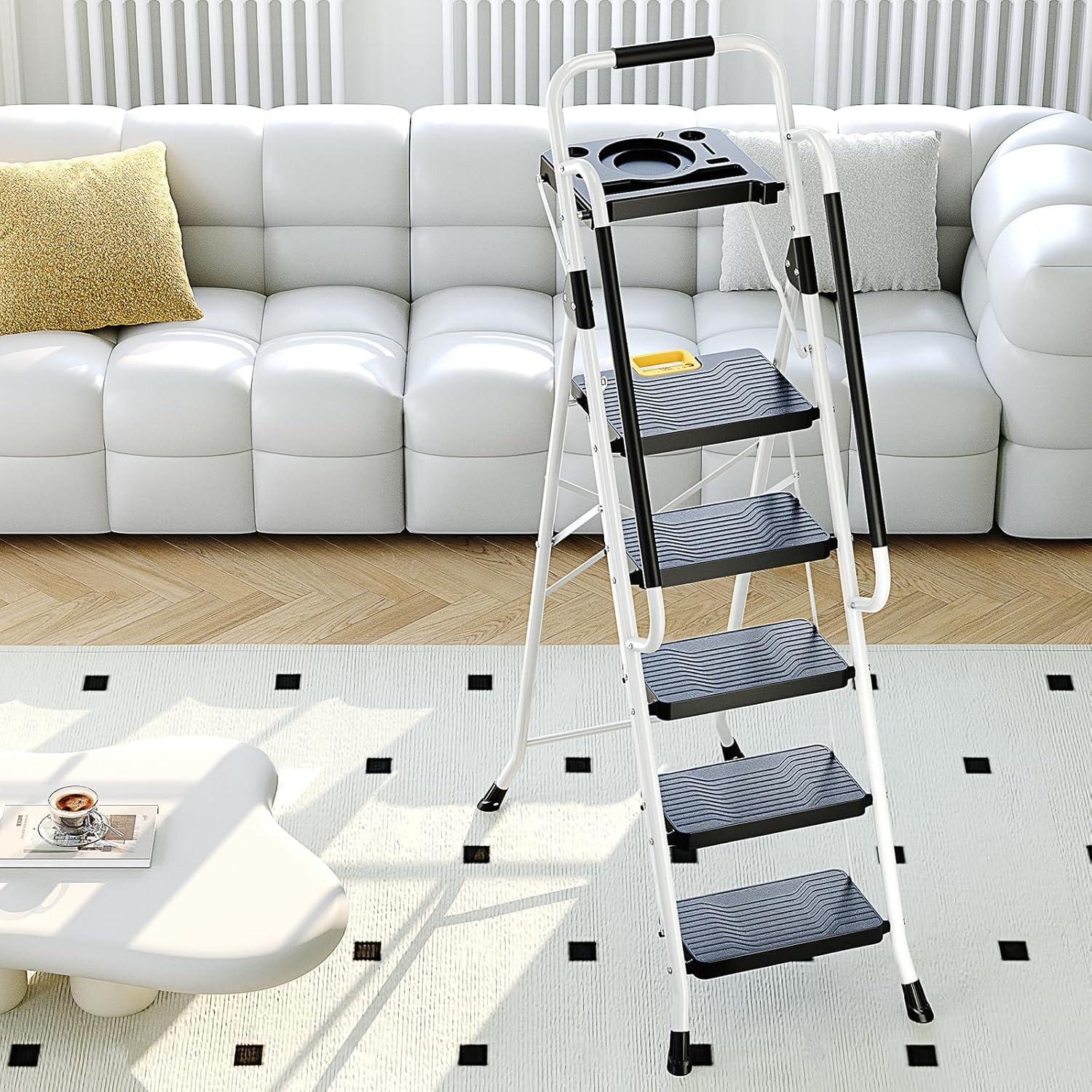 KINGRACK Folding 5-Step Ladder, 800 lbs Capacity Step Stool with Safety Lock, Tool Tray, Non-Skid Wide Steps, Handrail, Household Folding Ladder for Home, Garden, Painting, Outdoor, and Garage, White