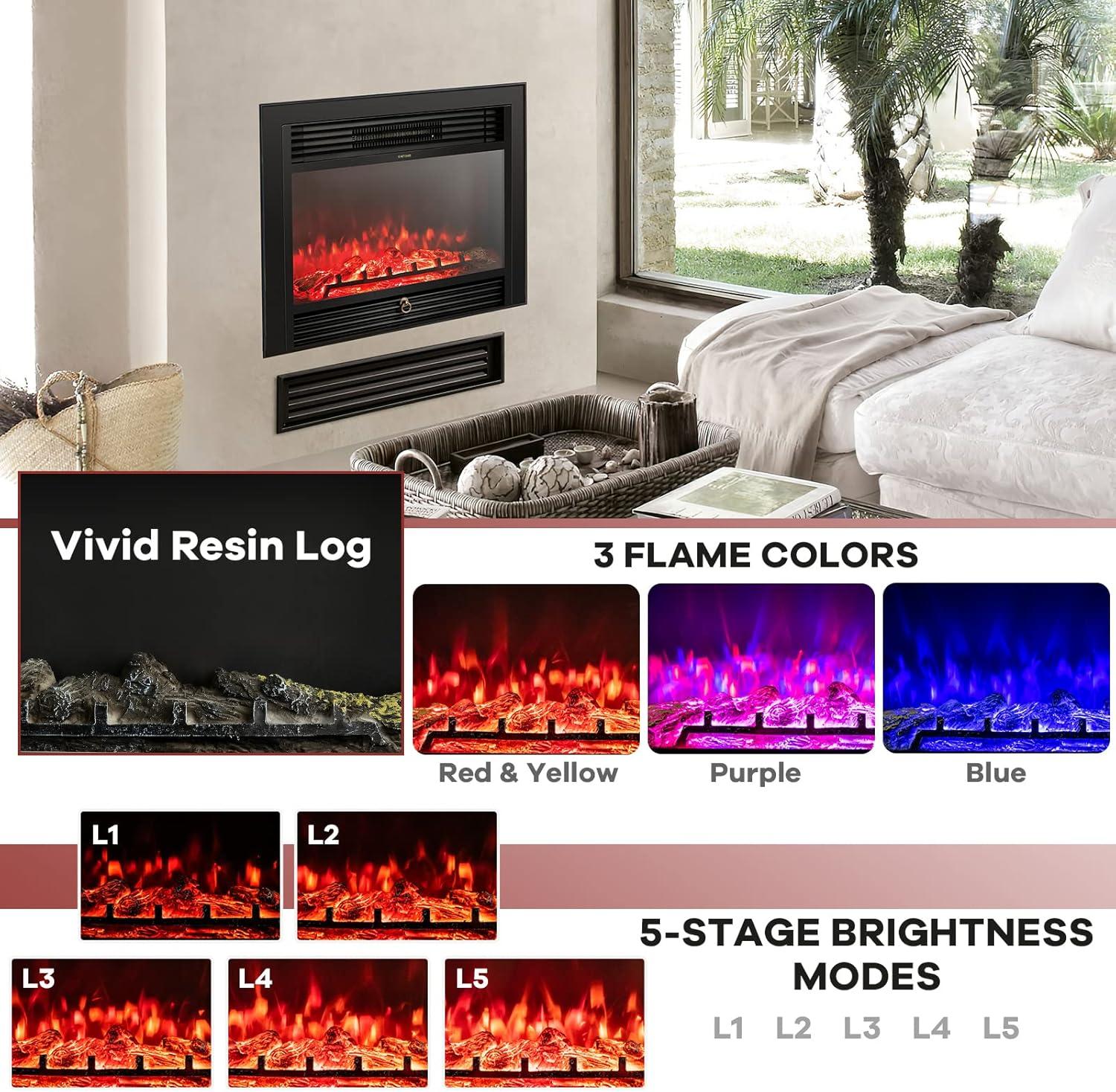 28.5" Black Wall Mounted Electric Fireplace with Adjustable Flames