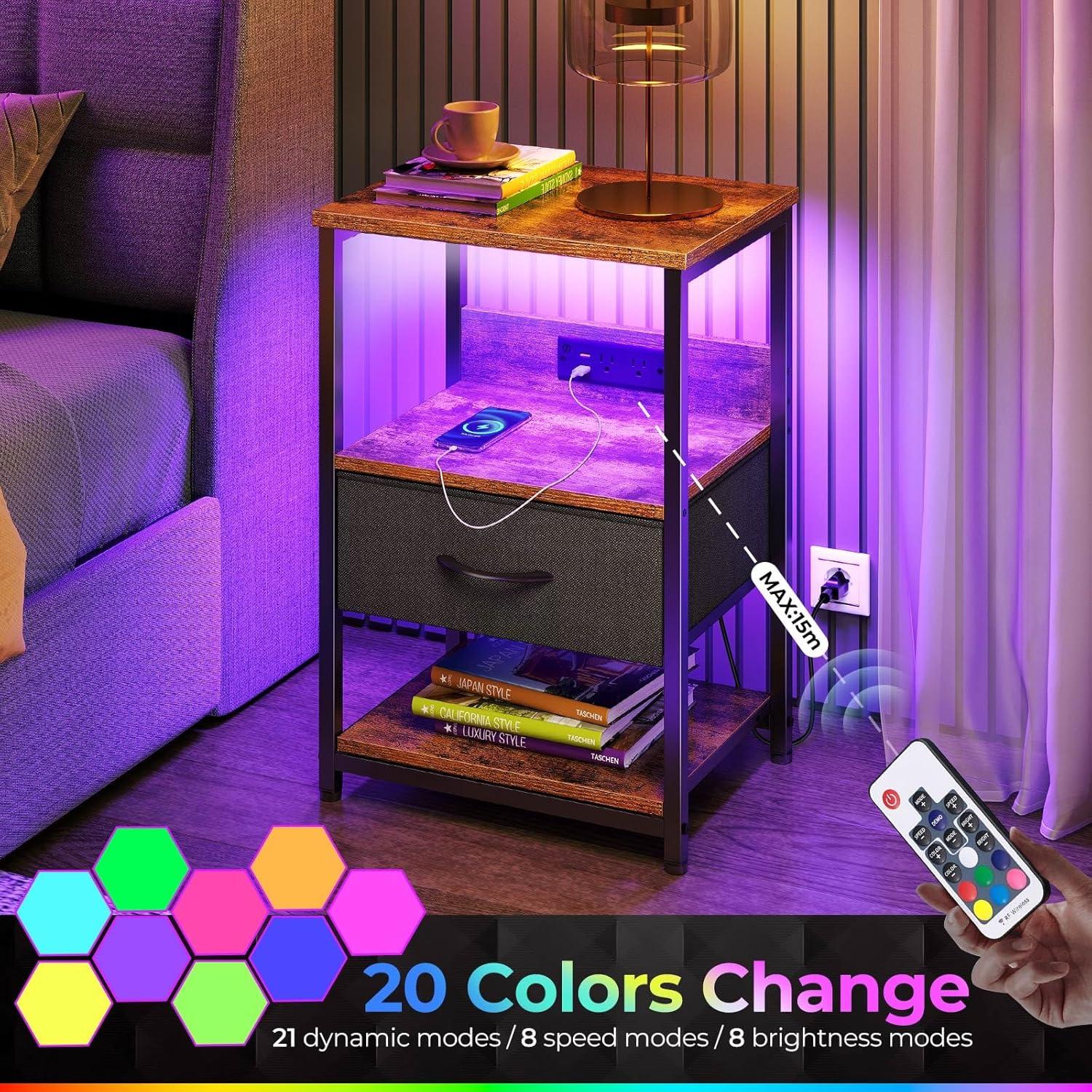 Rustic Brown 3-Tier Nightstand with LED and Charging Station