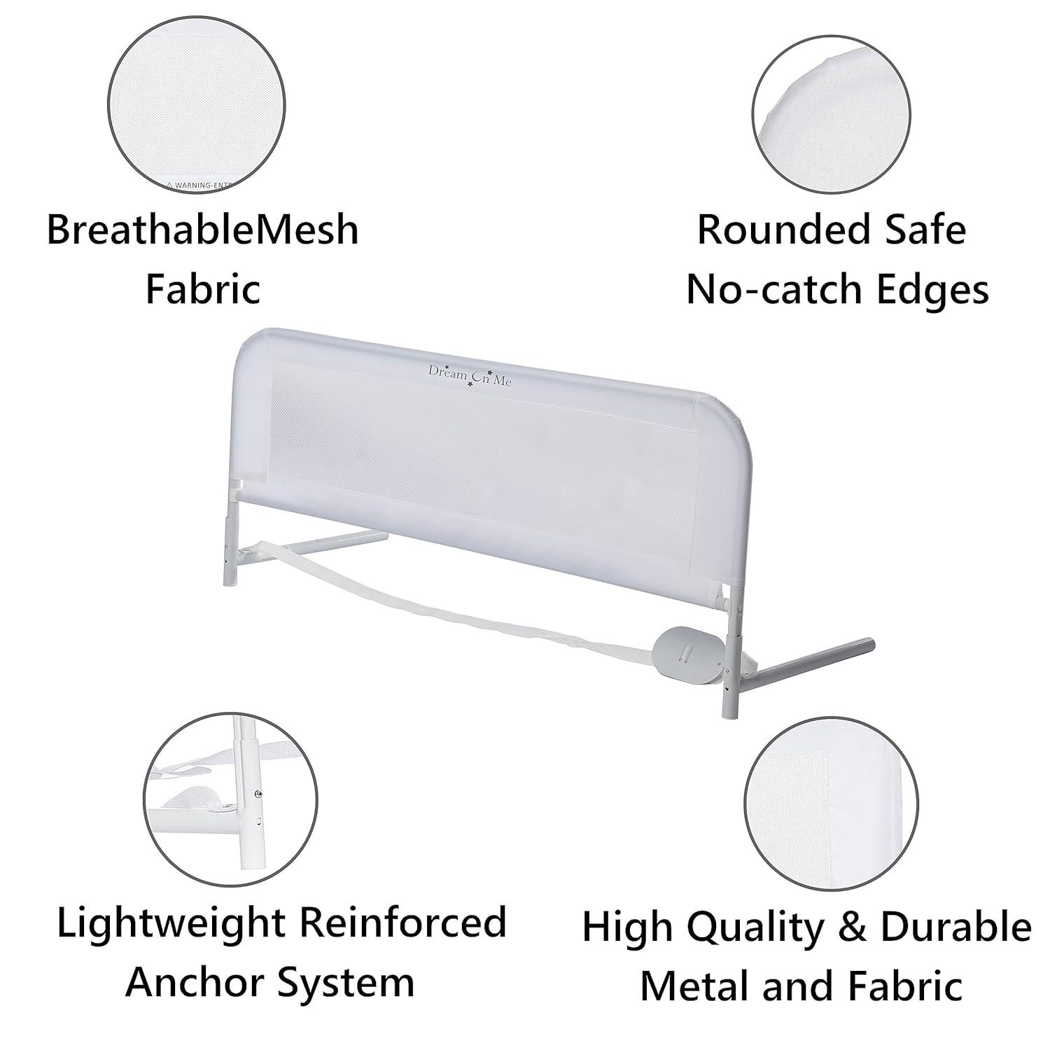 Dream On Me Adjustable Mesh Bed Rail in White, Two Height Levels, Breathable & Durable Fabric, Lightweight and Portable Bed Rail for Toddlers