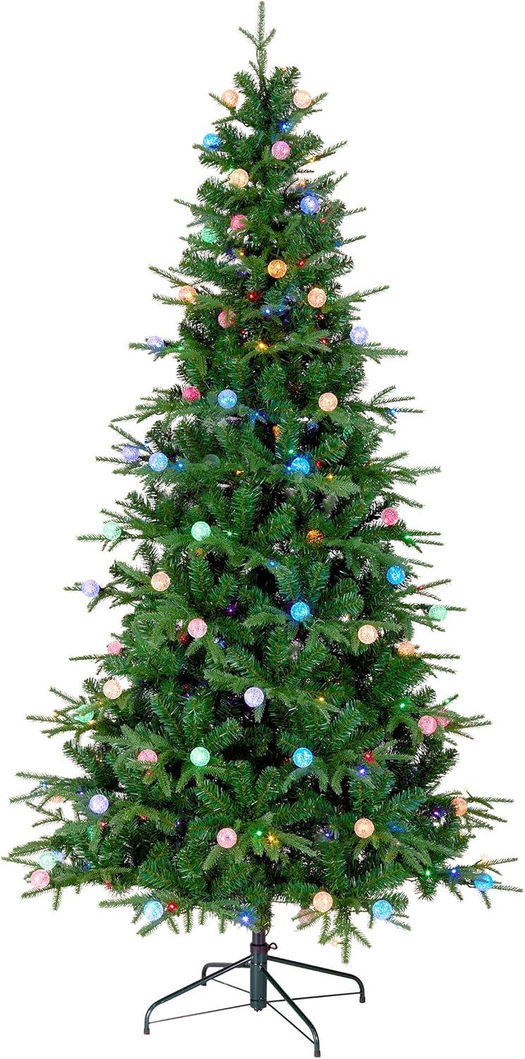 7-Foot Green Slim Artificial Christmas Tree with Multi-Color LED Lights