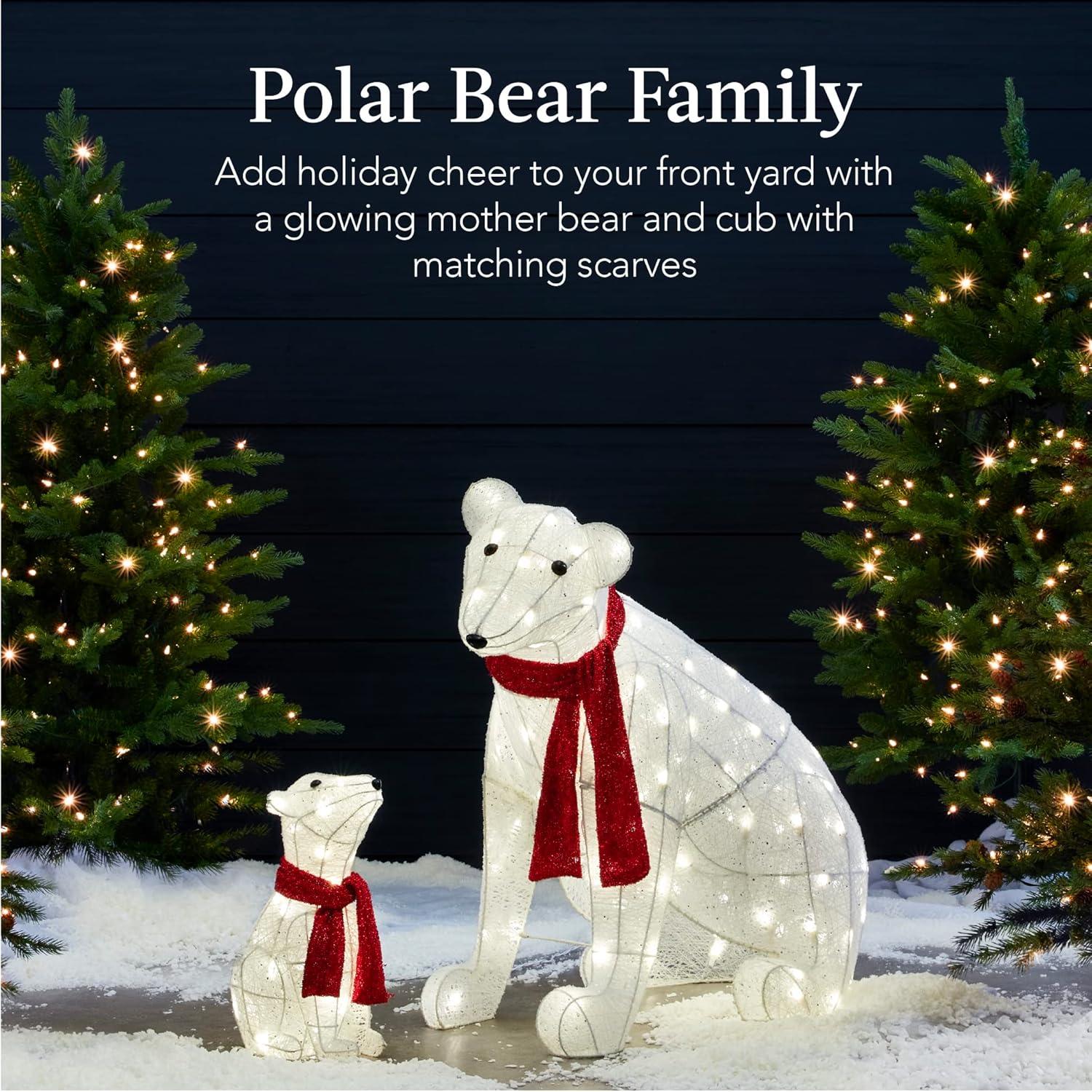 Best Choice Products Large Lighted Polar Bear Family w/ 145 Pre-Strung LED Lights, Zip Ties, Ground Stakes - Red/White