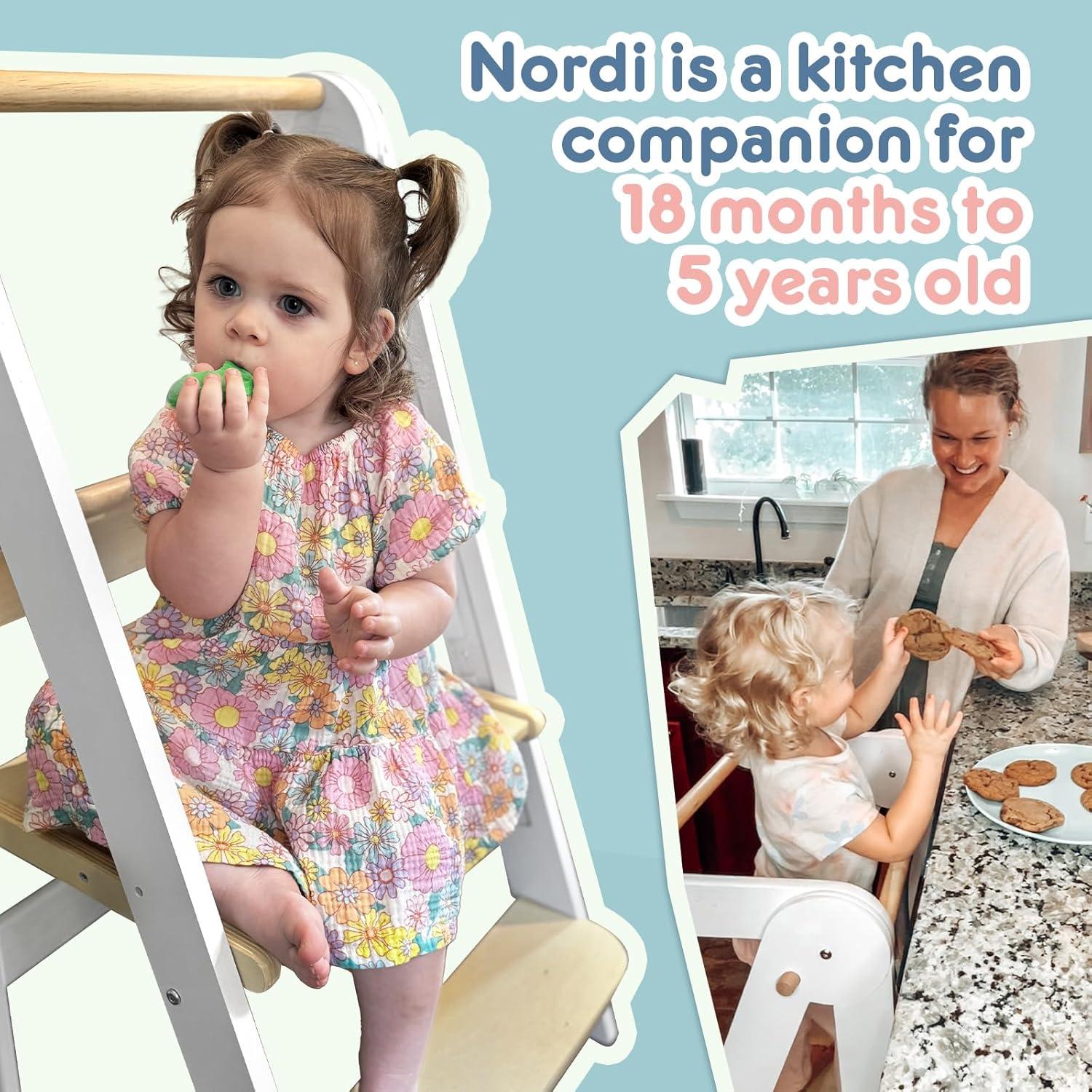 Nordi Foldable Toddler Kitchen Tower, Montessori Kitchen Stools Helper, Standing Tower with 3 Adjustable Heights, Suitable Age for 2-6 Years, White